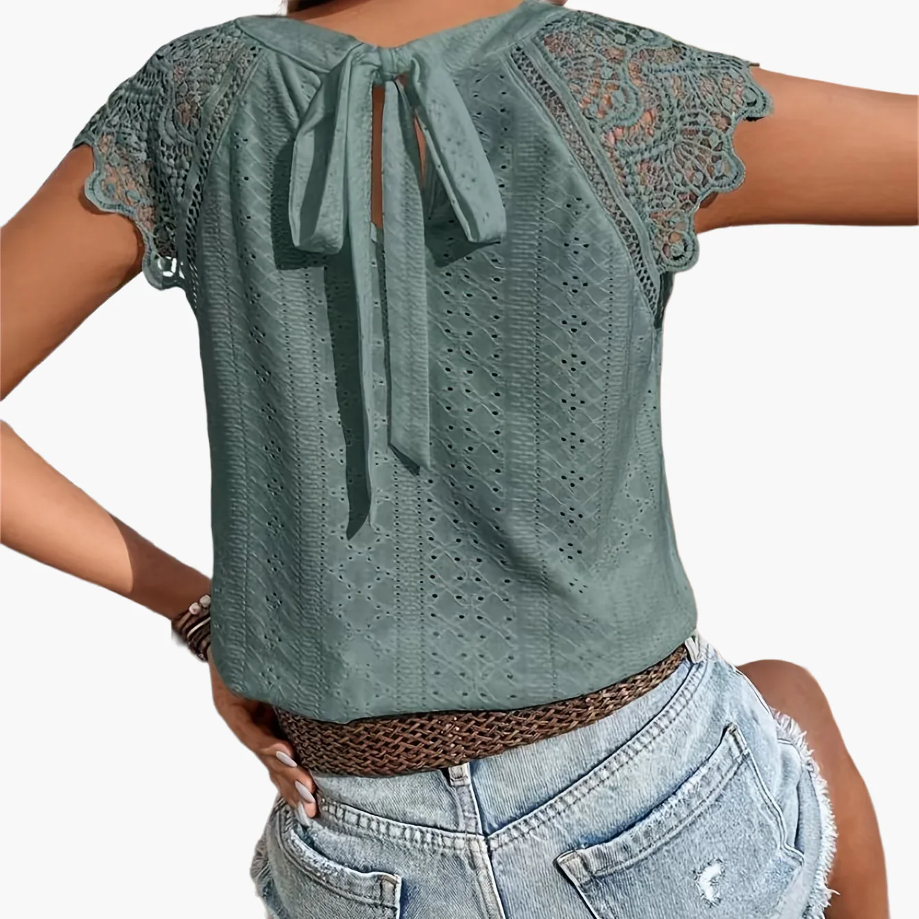Blouse Femme Style Bohème Chic avec Manches Dentelle et Dos Noué – Mode Été Décontractée - Image 10
