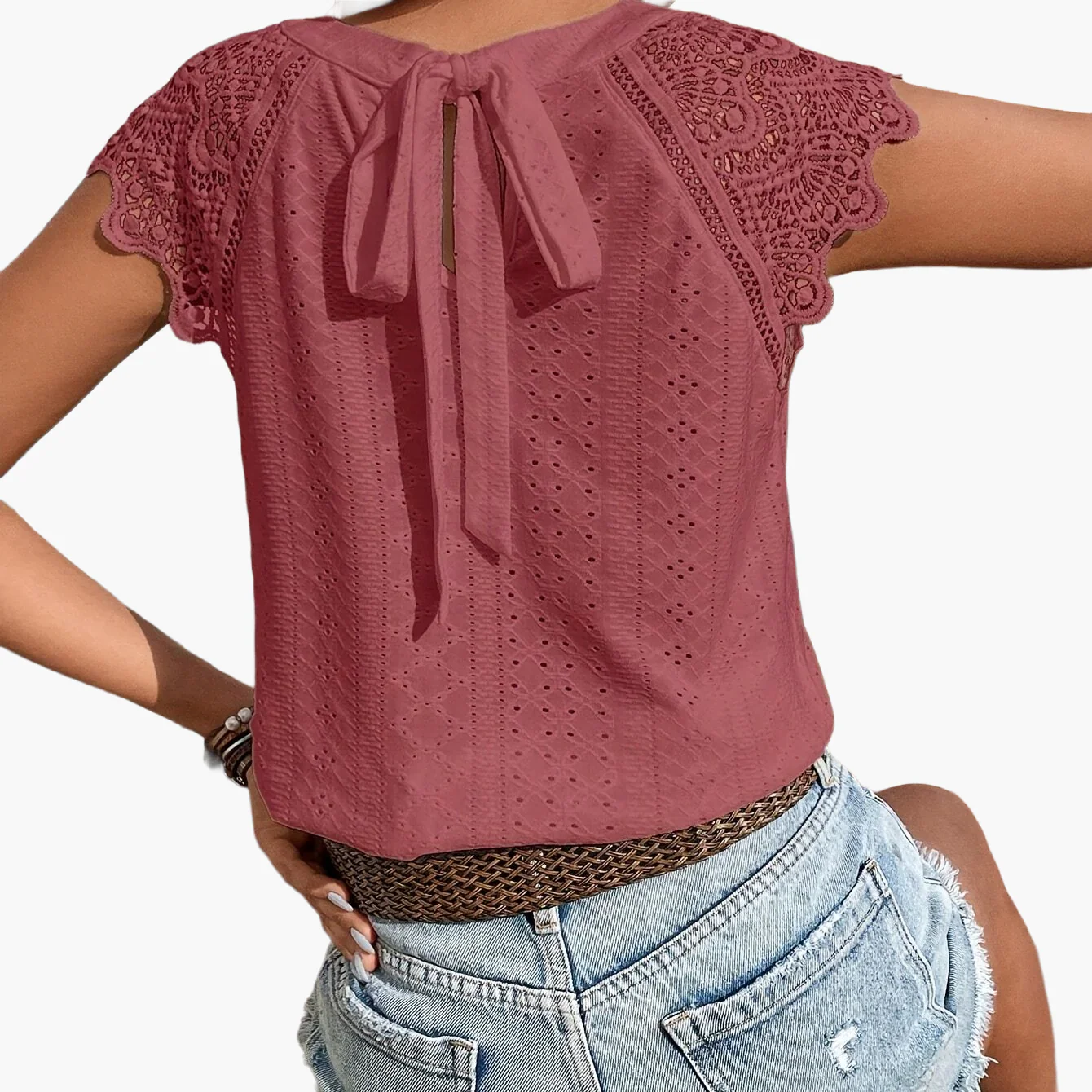 Blouse Femme Style Bohème Chic avec Manches Dentelle et Dos Noué – Mode Été Décontractée - Image 11
