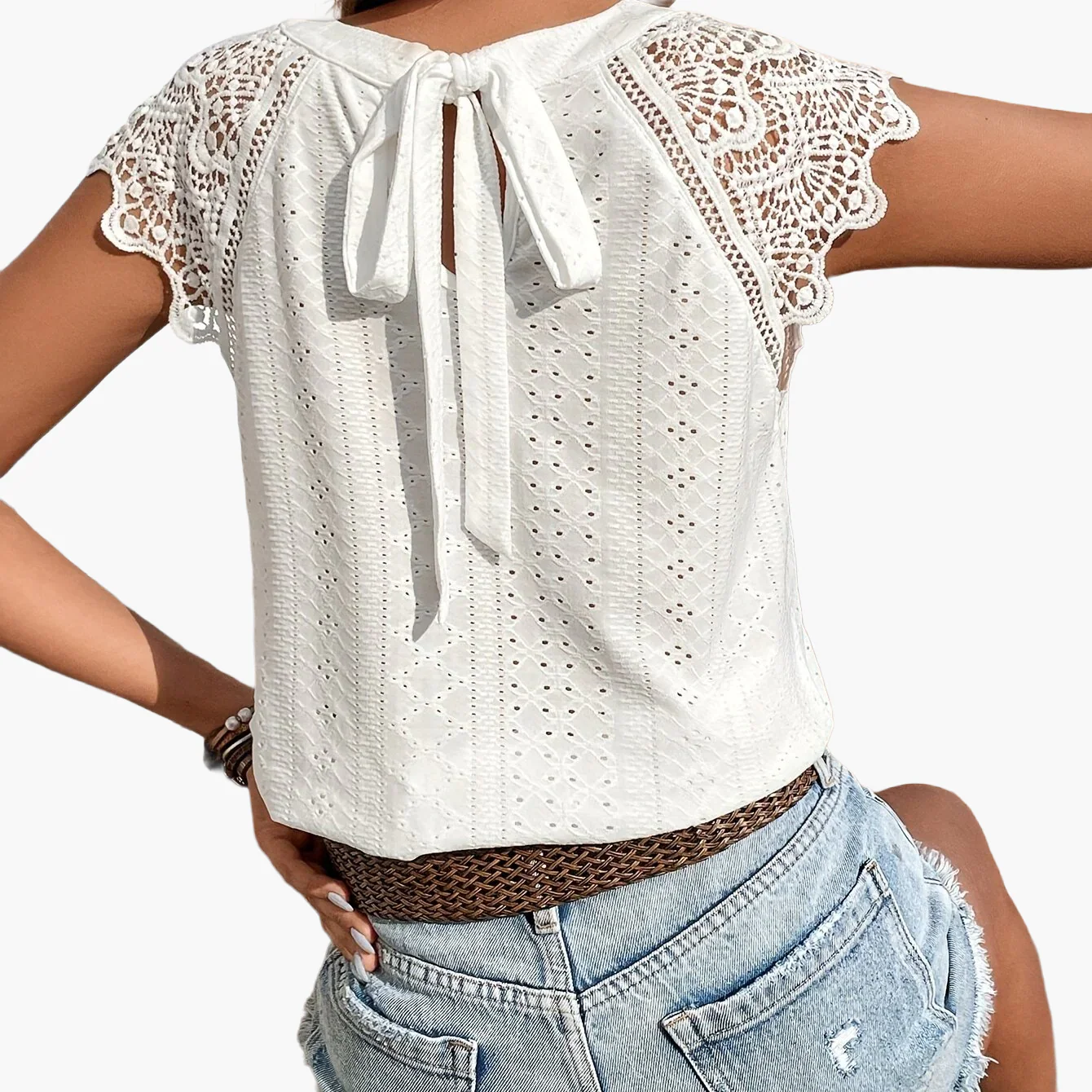 Blouse Femme Style Bohème Chic avec Manches Dentelle et Dos Noué – Mode Été Décontractée - Image 13