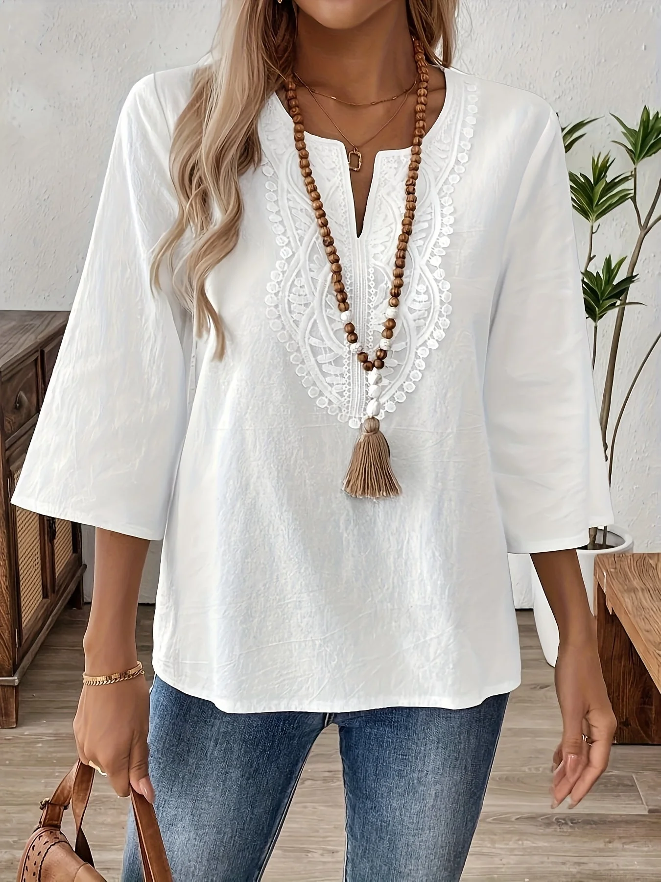 Blouse femme style bohème chic à manches longues et broderie pour un look décontracté élégant - Image 3