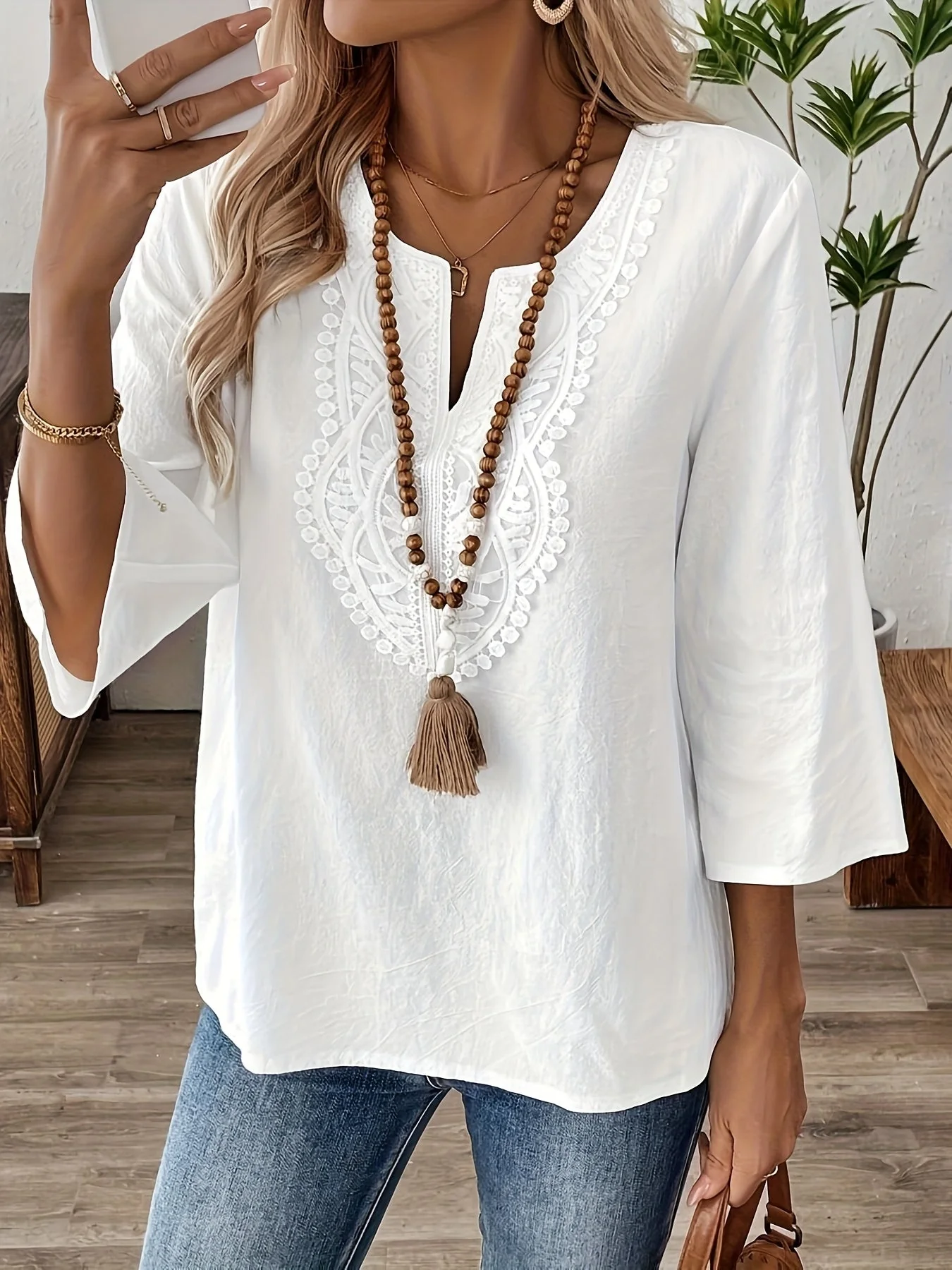 Blouse femme style bohème chic à manches longues et broderie pour un look décontracté élégant - Image 4