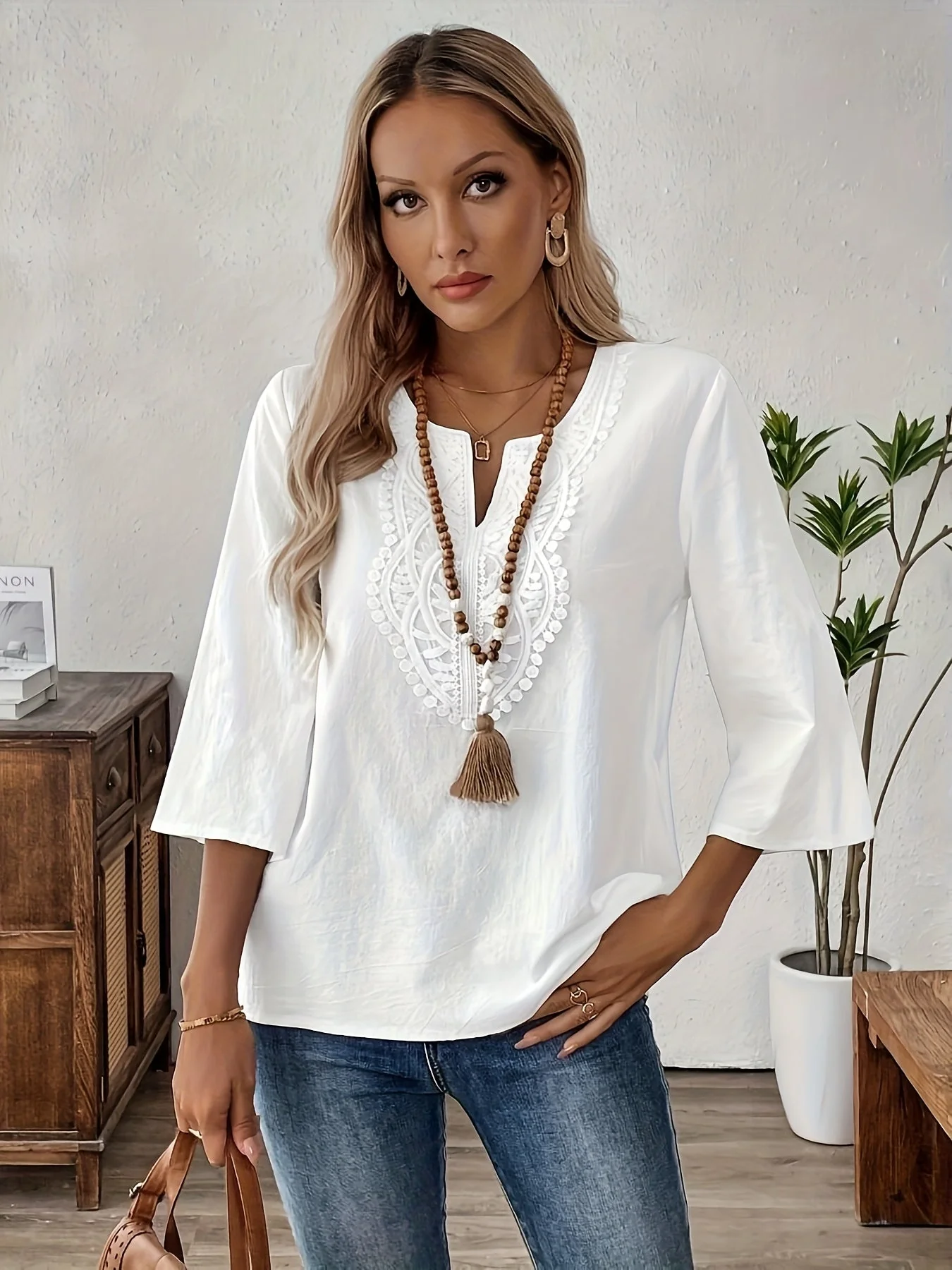 Blouse femme style bohème chic à manches longues et broderie pour un look décontracté élégant - Image 5