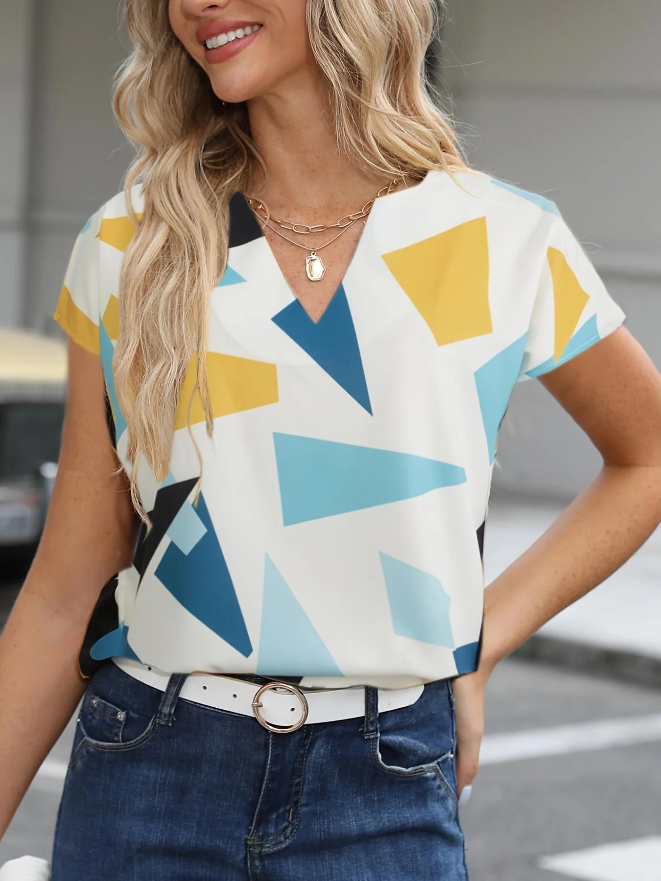 Blouse femme style vintage à motif géométrique, idéale pour le quotidien ou le bureau - Image 3