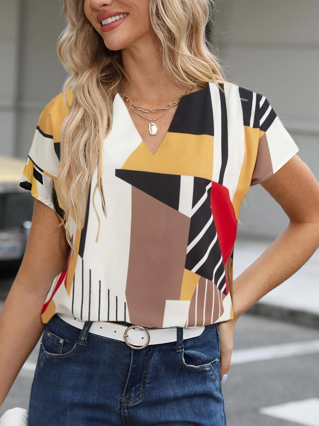 Blouse femme style vintage à motif géométrique, idéale pour le quotidien ou le bureau - Image 8