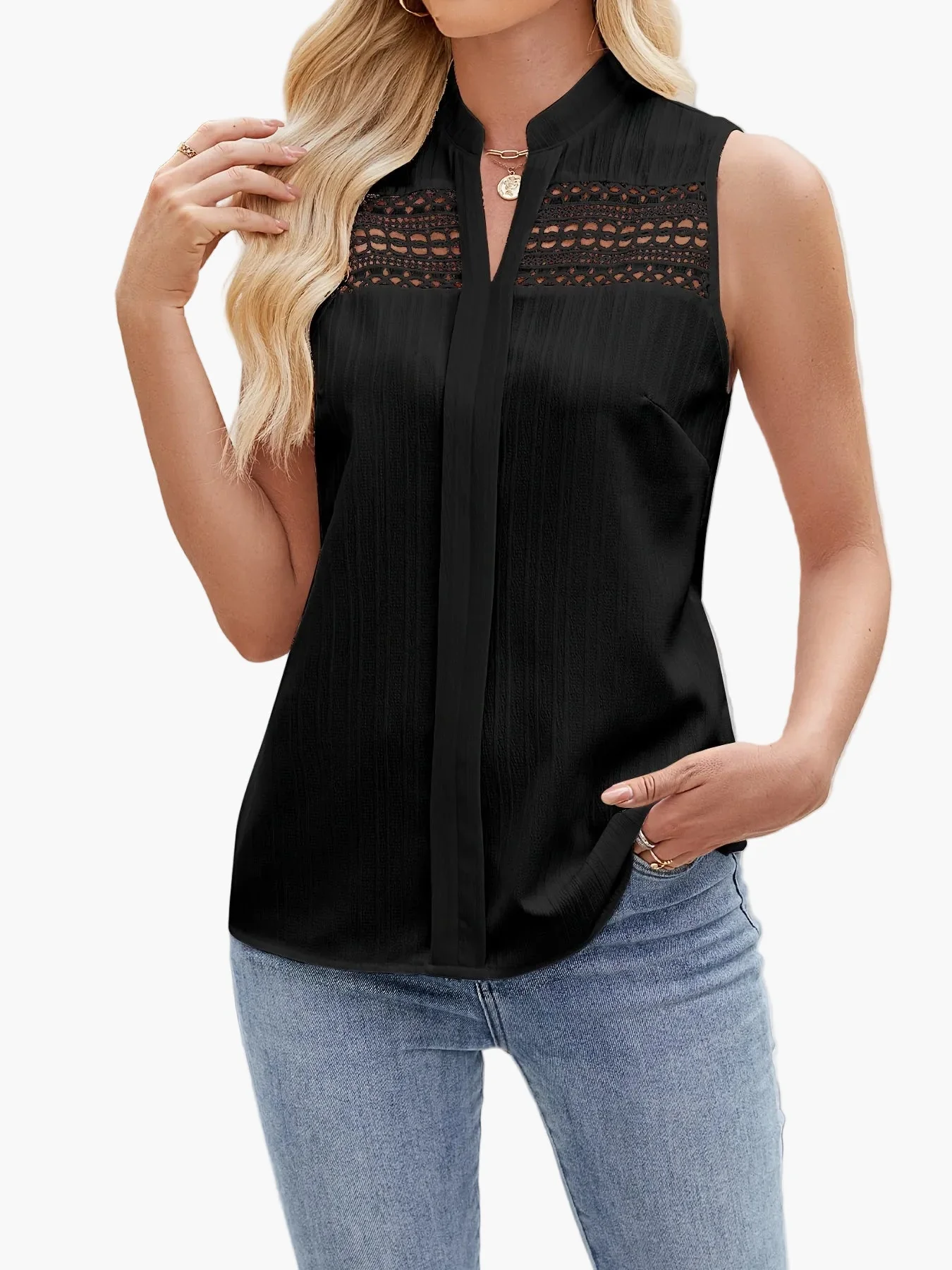 Blouse sans manches femme style élégant avec détails en dentelle – Haut chic pour occasions décontractées ou habillées - Image 2