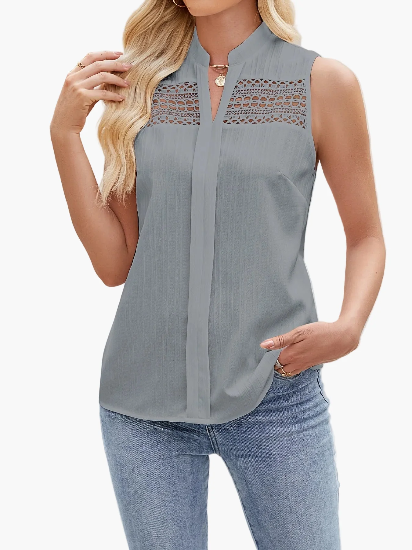 Blouse sans manches femme style élégant avec détails en dentelle – Haut chic pour occasions décontractées ou habillées - Image 4