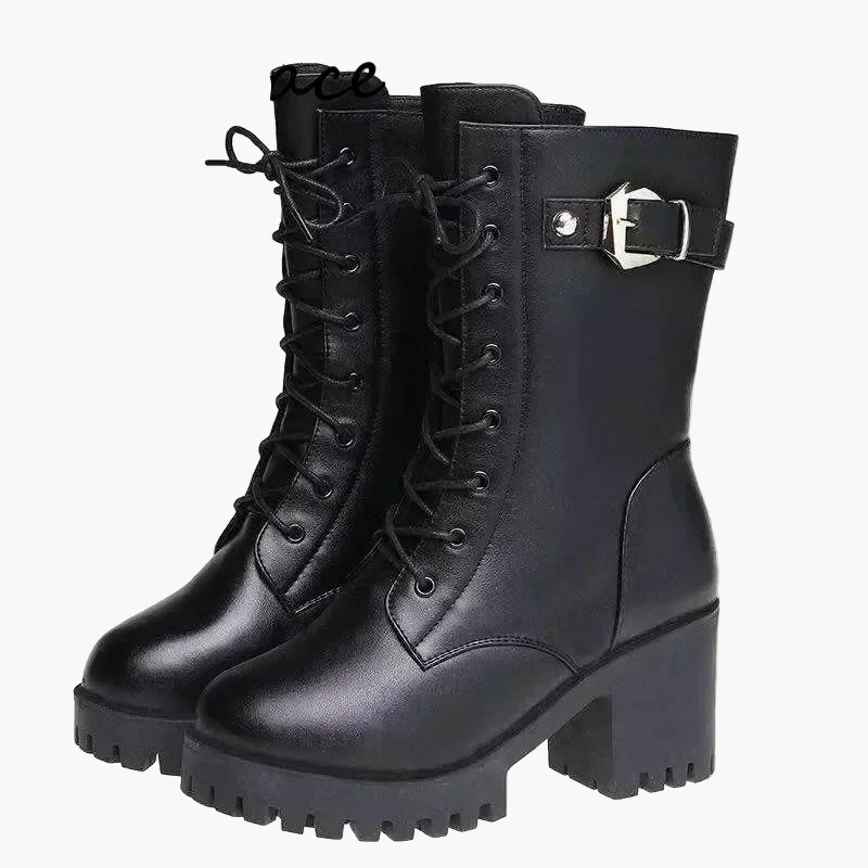 Bottes d'hiver femme à talon bloc style militaire avec doublure chaude - Image 3