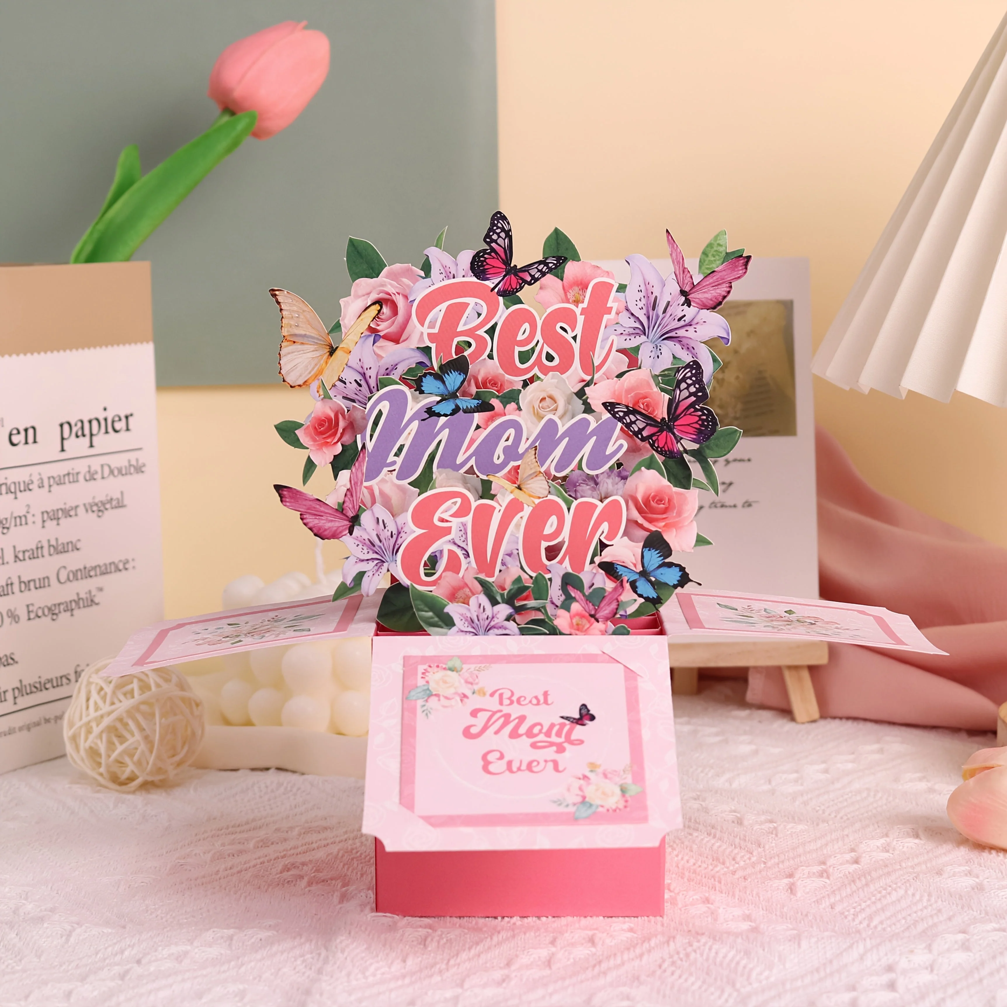 Carte Pop-Up Cadeau Fête des Mères Style Bouquet 3D pour Femme - Décoration et Message Meilleure Maman - Image 2