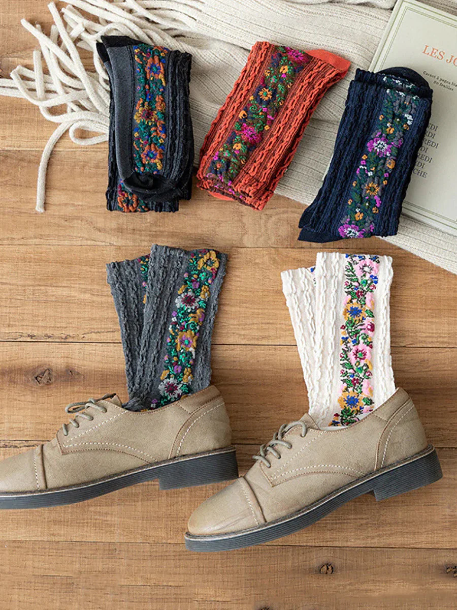 Chaussettes Femme Style Vintage à Motifs Floraux Brodés, Élégantes et Confortables pour le Quotidien - Image 2