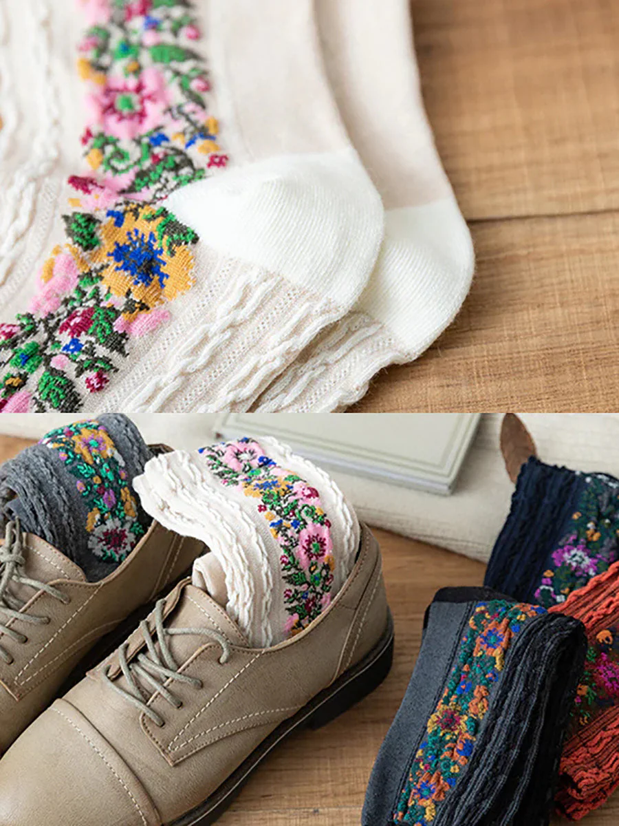 Chaussettes Femme Style Vintage à Motifs Floraux Brodés, Élégantes et Confortables pour le Quotidien - Image 5