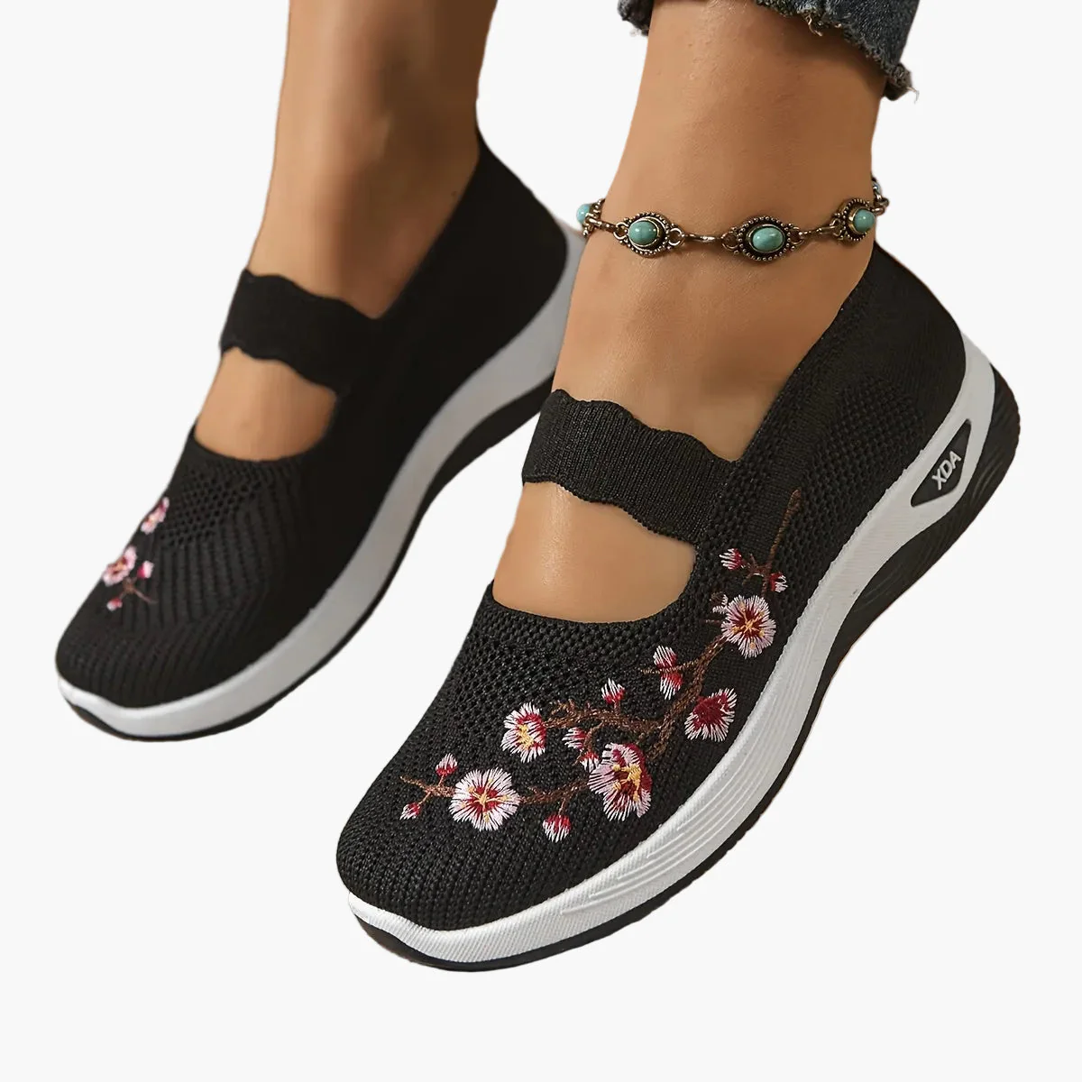 Chaussures décontractées femme confort avec broderie florale et bride élastique – Style marche et loisirs - Image 2