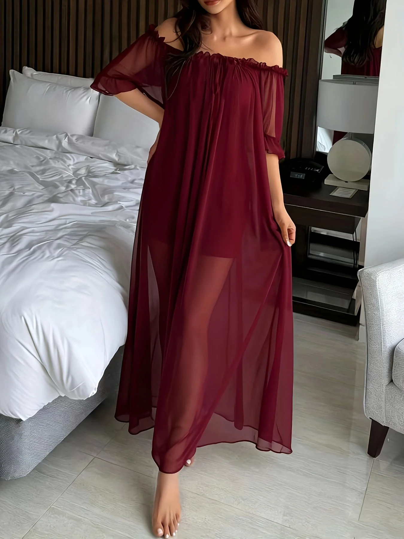 Chemise de nuit longue élégante à épaules dénudées pour femme, style romantique, usage quotidien ou détente - Image 3