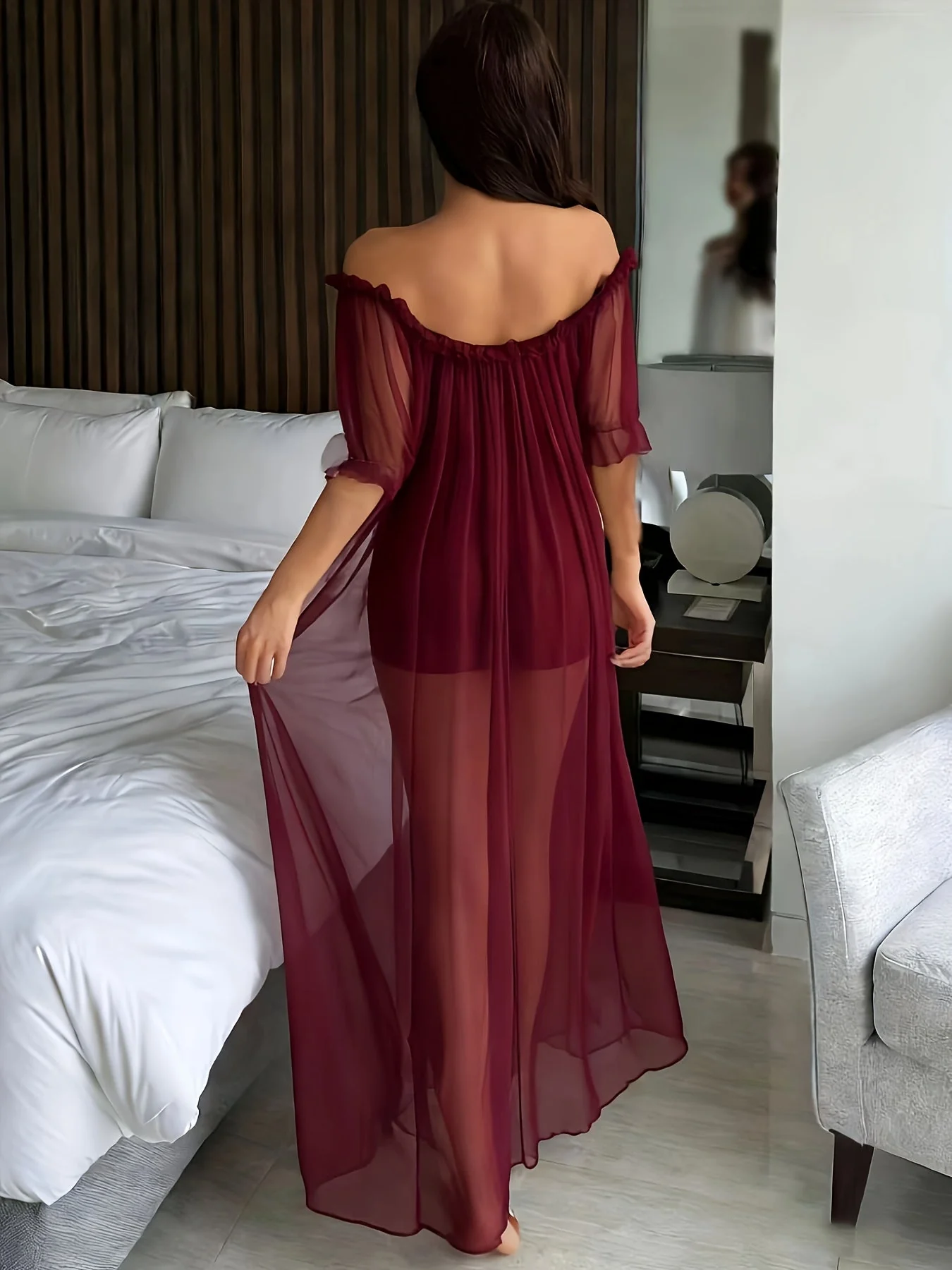 Chemise de nuit longue élégante à épaules dénudées pour femme, style romantique, usage quotidien ou détente - Image 6