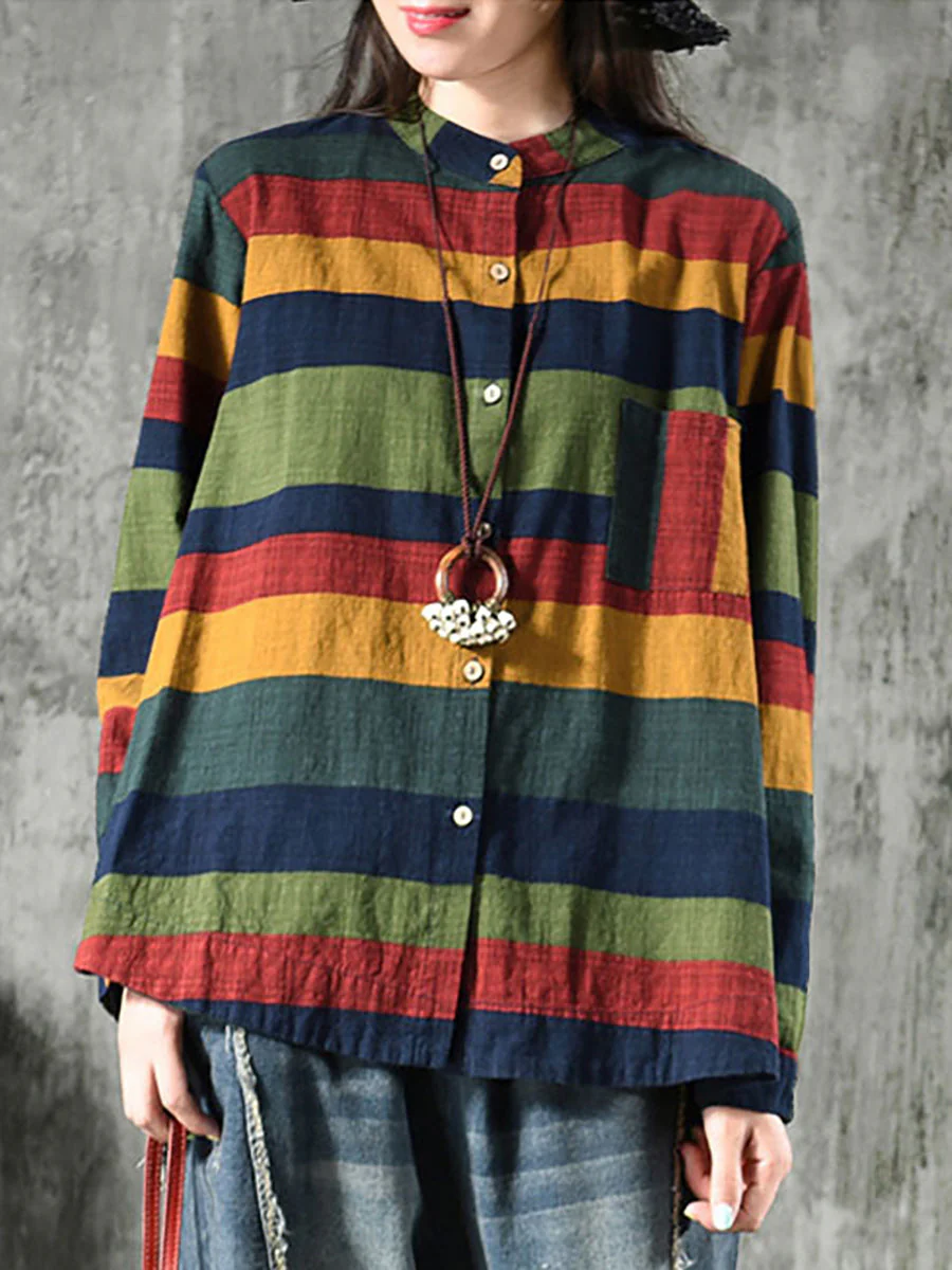 Chemise décontractée femme à rayures style oversize col mao pour le printemps - Image 3