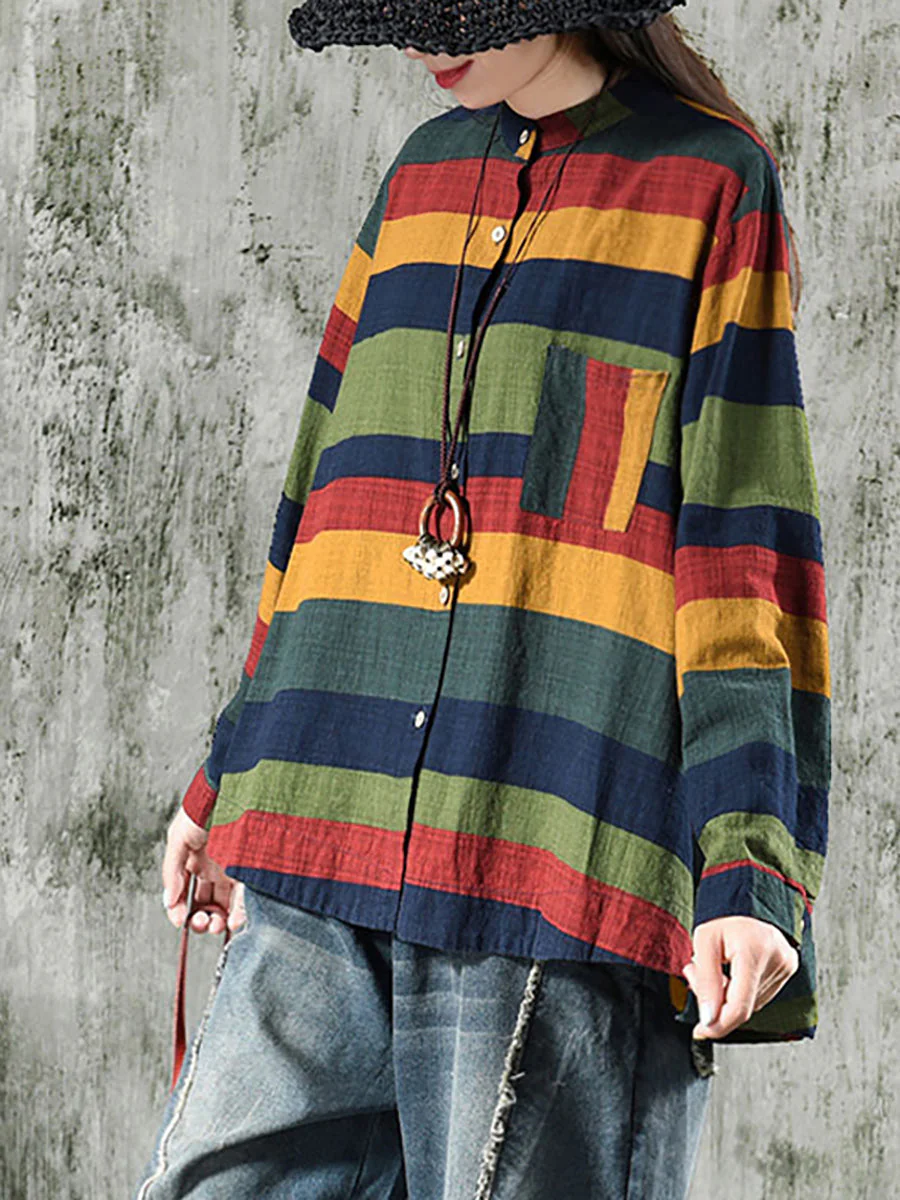 Chemise décontractée femme à rayures style oversize col mao pour le printemps - Image 4