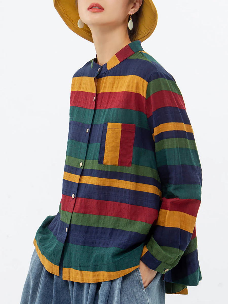 Chemise décontractée femme à rayures style oversize col mao pour le printemps - Image 6