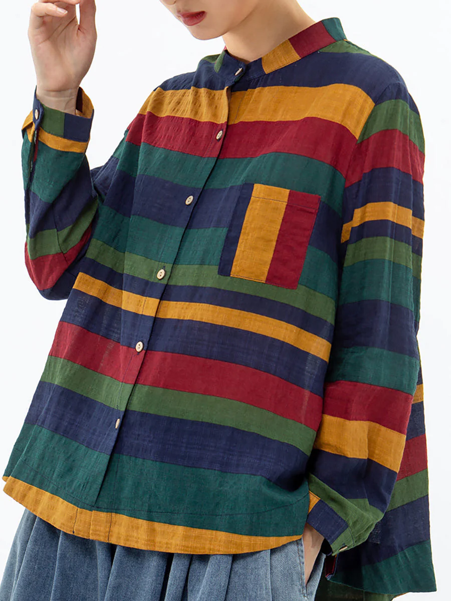 Chemise décontractée femme à rayures style oversize col mao pour le printemps - Image 7