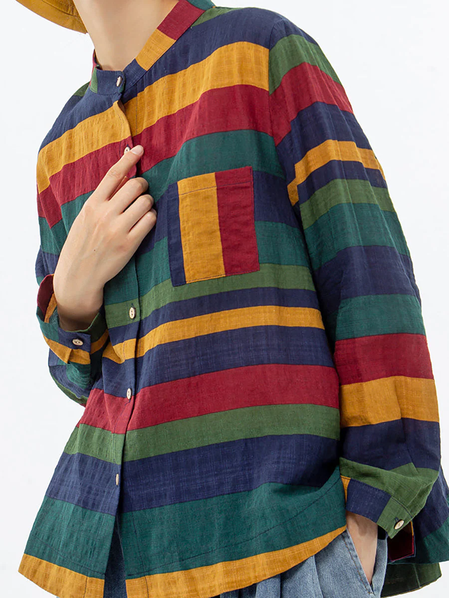 Chemise décontractée femme à rayures style oversize col mao pour le printemps - Image 8