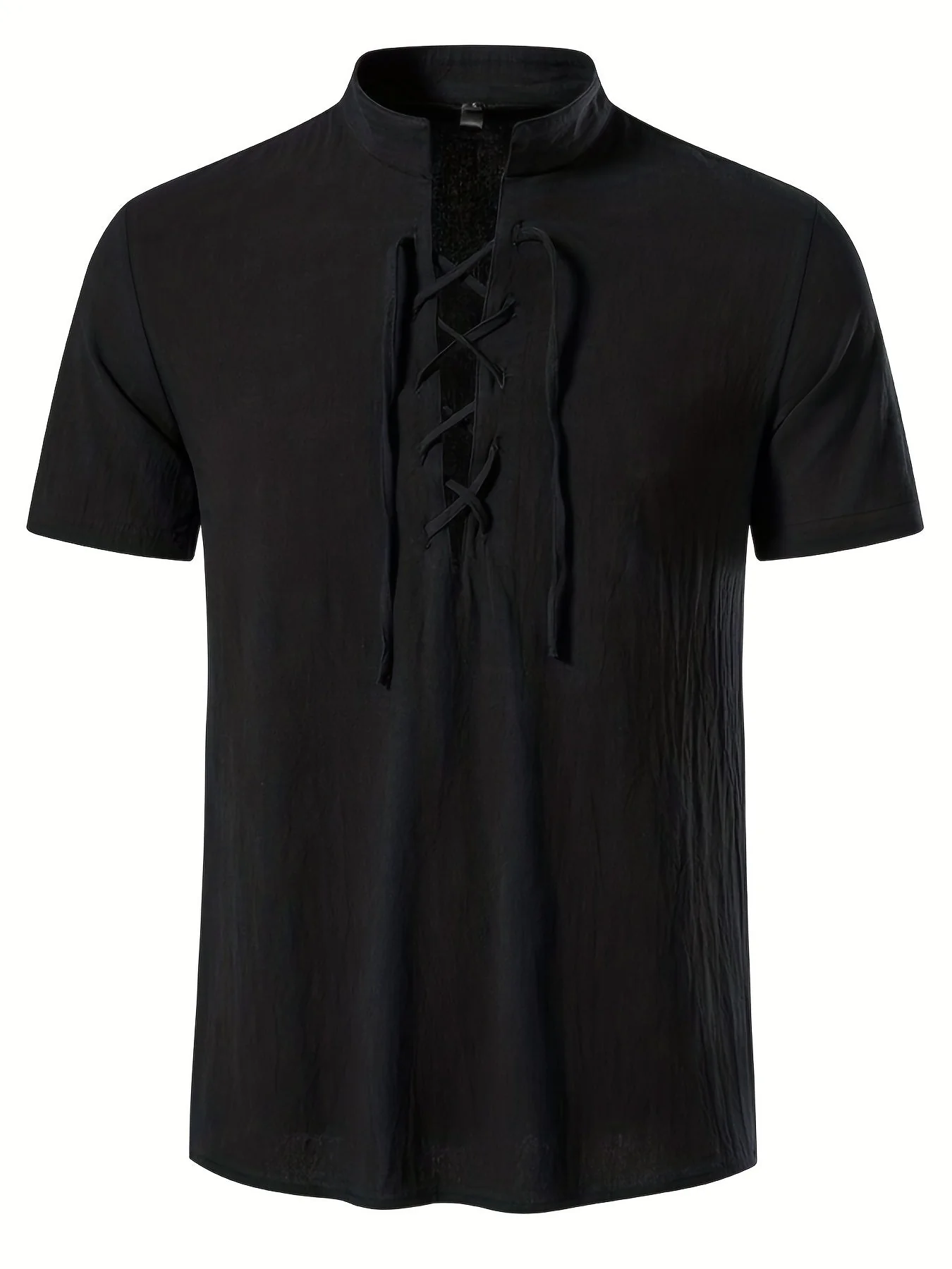 Chemise décontractée homme à manches courtes style lacé col mao pour été - Image 2