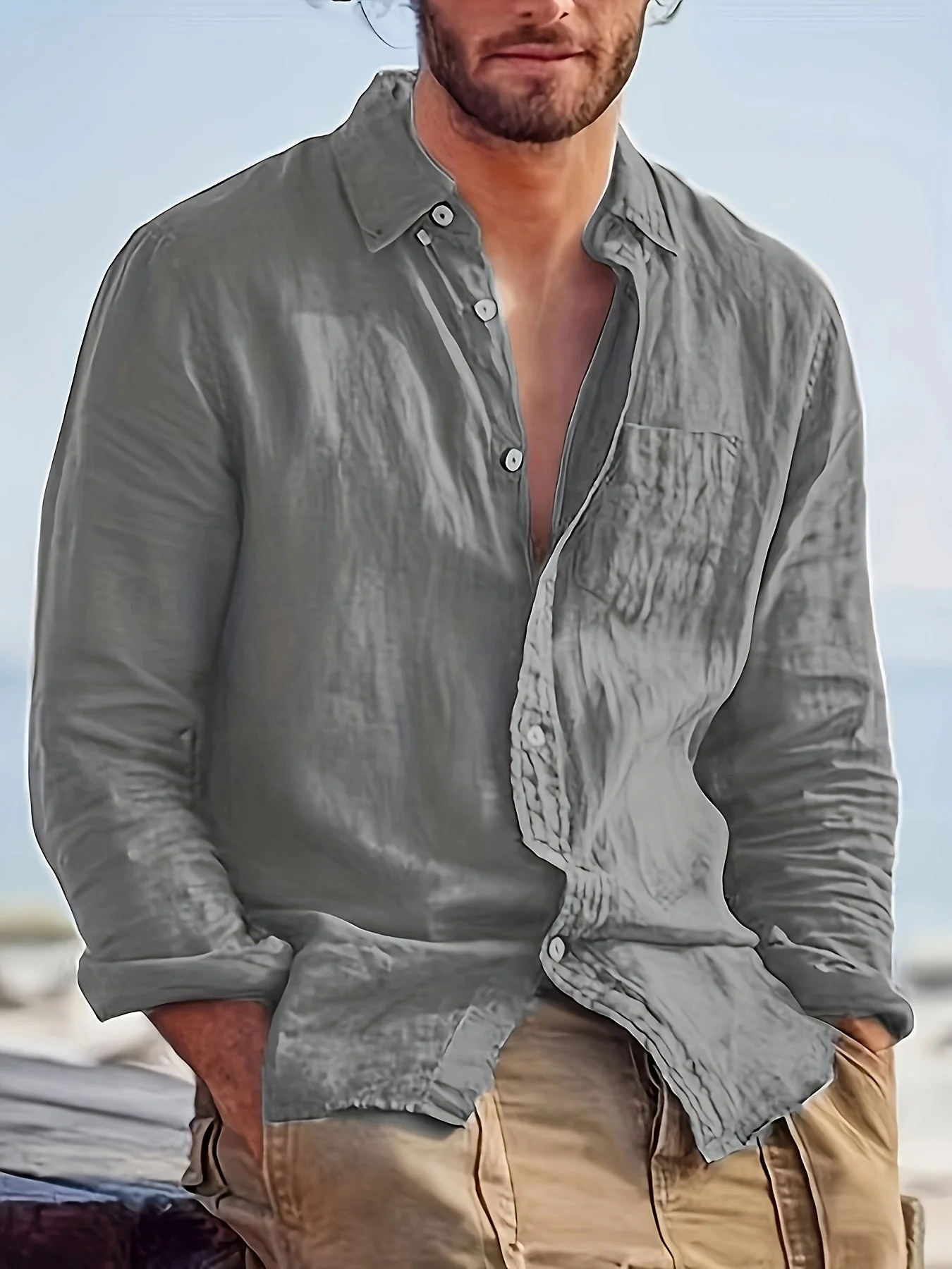 Chemise décontractée pour homme à manches longues style plage – Idéale pour sorties et vacances - Image 2