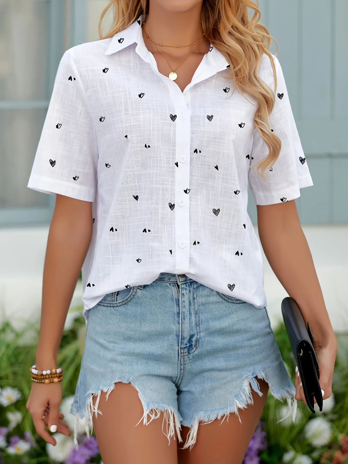 Chemise décontractée à imprimé cœur pour femme – Style estival tendance - Image 2