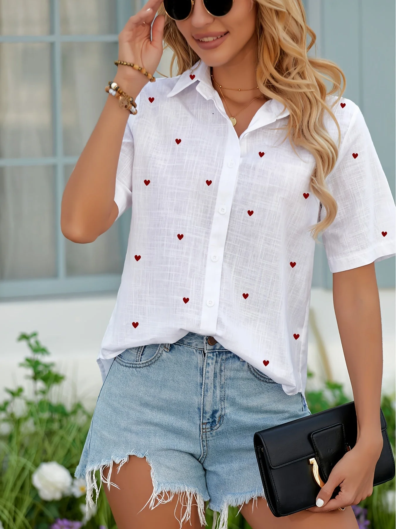 Chemise décontractée à imprimé cœur pour femme – Style estival tendance - Image 3