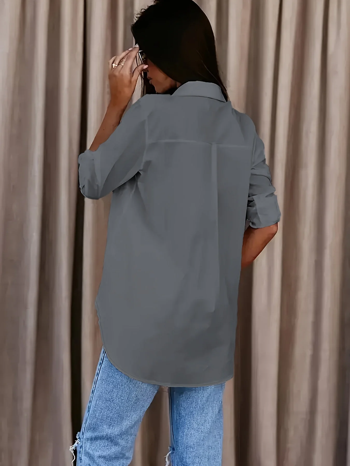 Chemise décontractée longue pour femme – Style ample et polyvalent, idéale au quotidien ou pour le bureau - Image 10