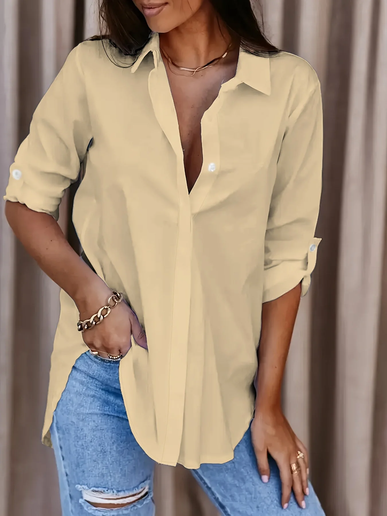 Chemise décontractée longue pour femme – Style ample et polyvalent, idéale au quotidien ou pour le bureau - Image 3