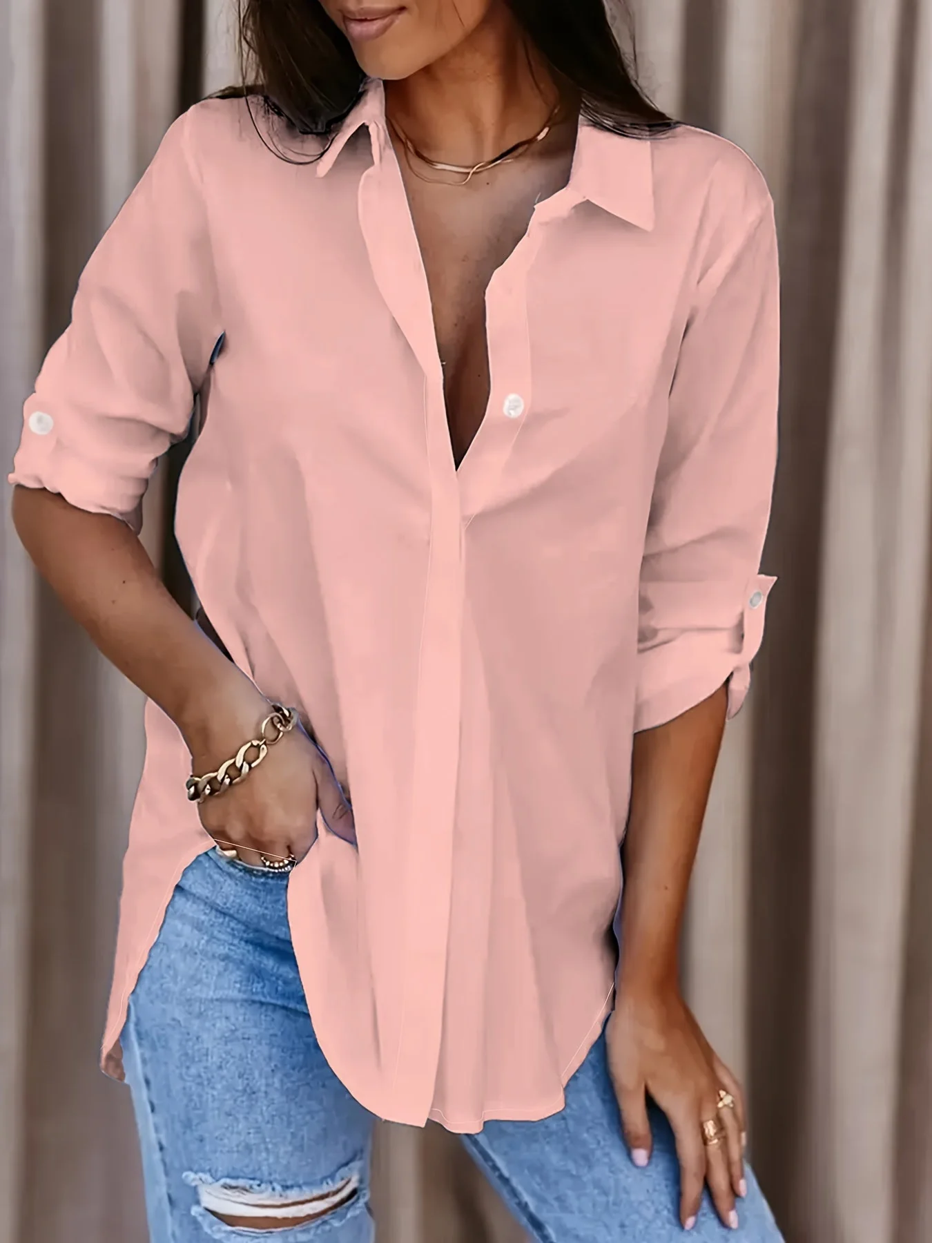 Chemise décontractée longue pour femme – Style ample et polyvalent, idéale au quotidien ou pour le bureau - Image 9