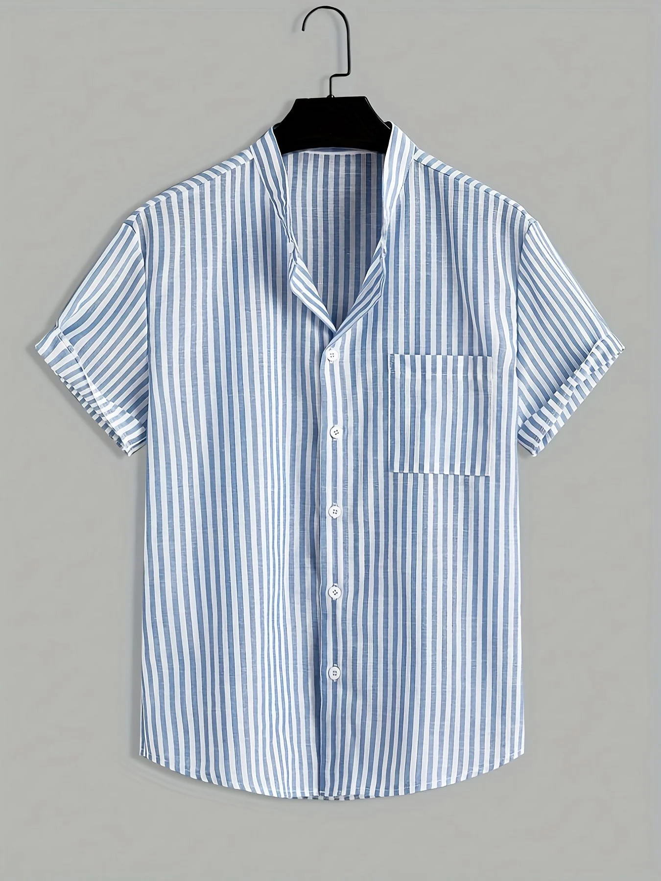 Chemise décontractée à manches courtes pour homme, style estival à rayures, col montant, idéale pour l'été - Image 2