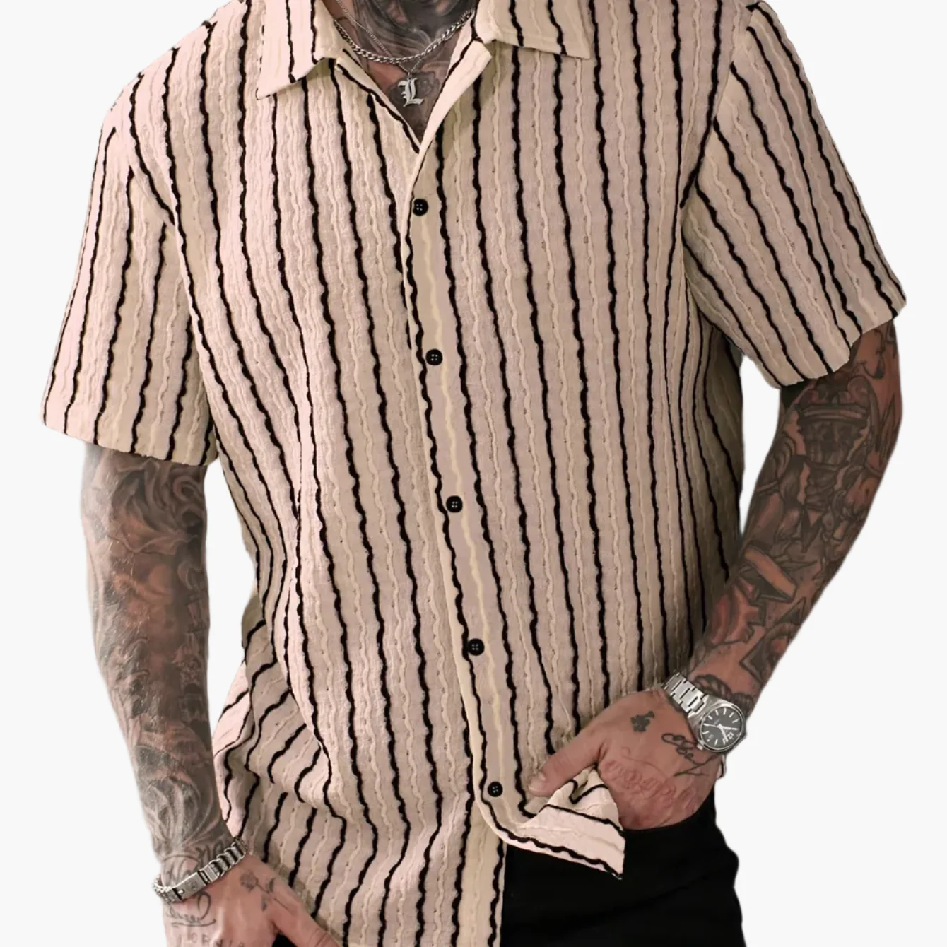Chemise décontractée à rayures ondulées pour homme – Style estival tendance, idéale pour les sorties et les week-ends - Image 16