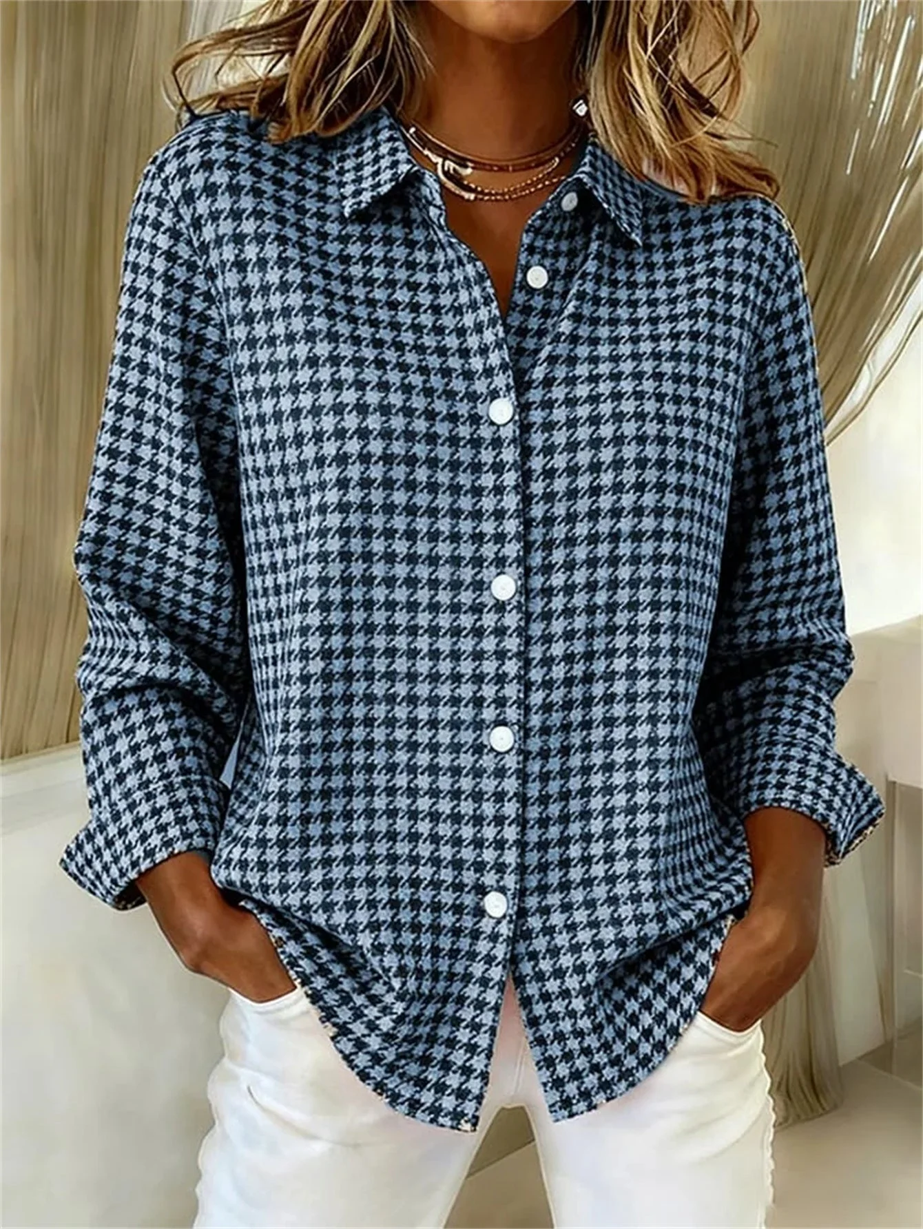 Chemise femme à carreaux pied-de-poule style décontracté pour automne et hiver - Image 2