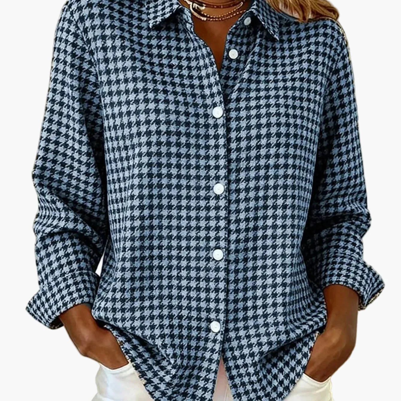 Chemise femme à carreaux pied-de-poule style décontracté pour automne et hiver - Image 4