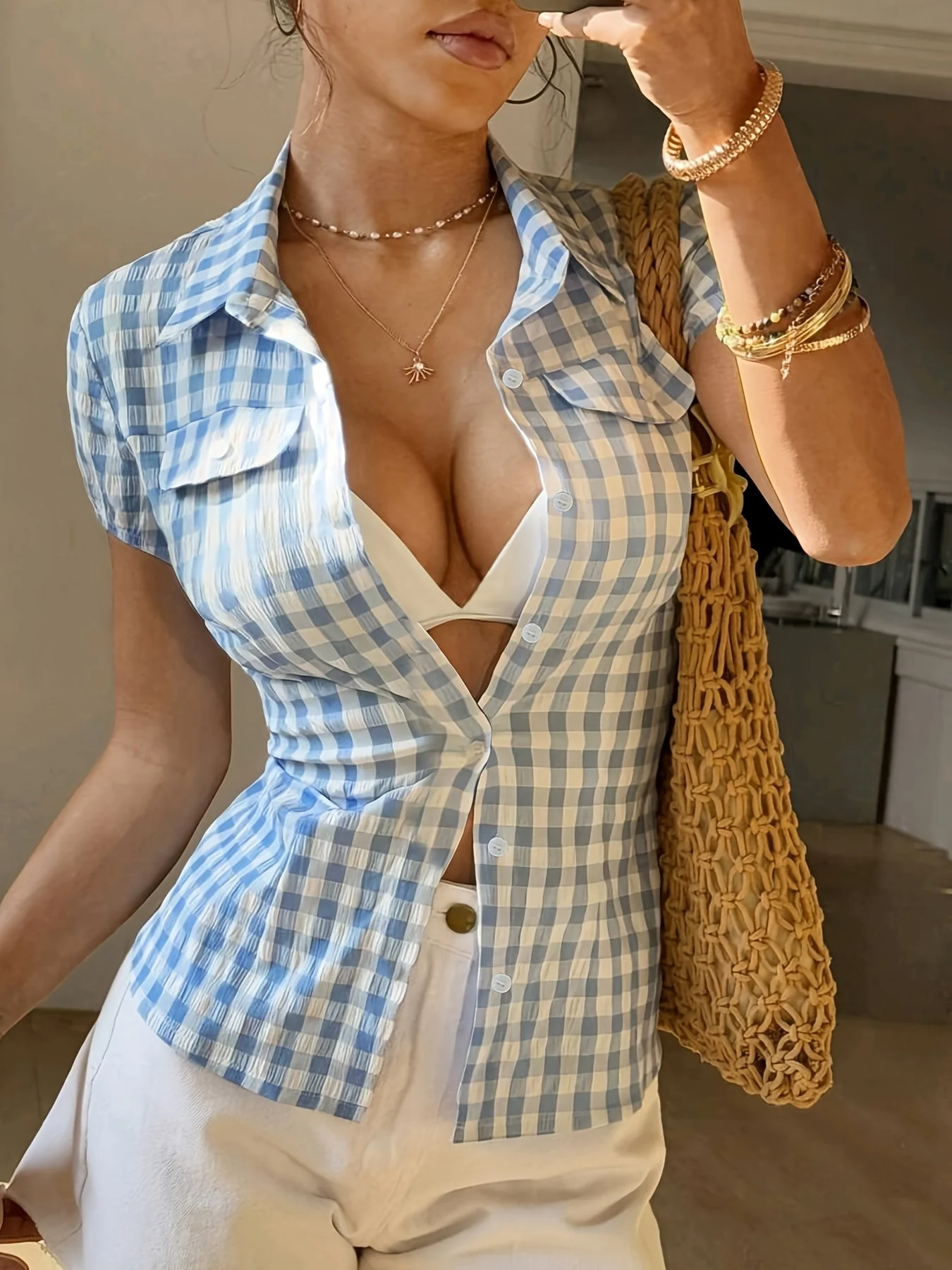 Chemise femme cintrée à carreaux style casual printemps-été - Image 2
