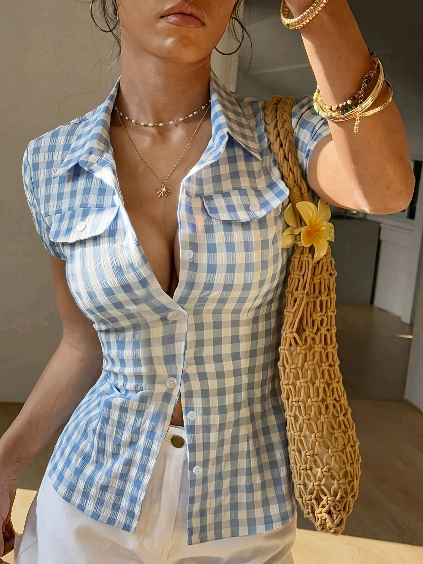 Chemise femme cintrée à carreaux style casual printemps-été - Image 5