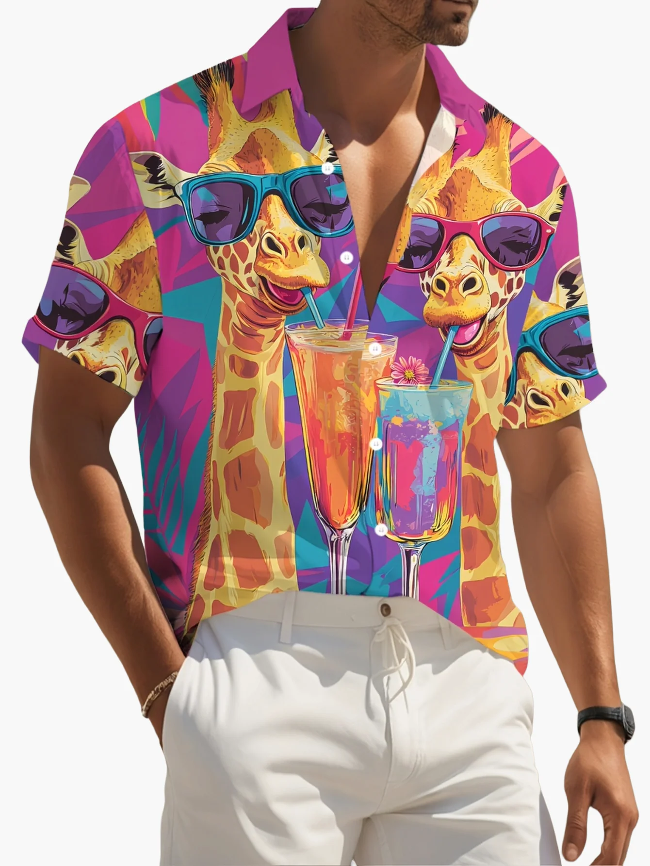Chemise hawaïenne décontractée pour homme à motif girafe et cocktails – Style estival et original - Image 6