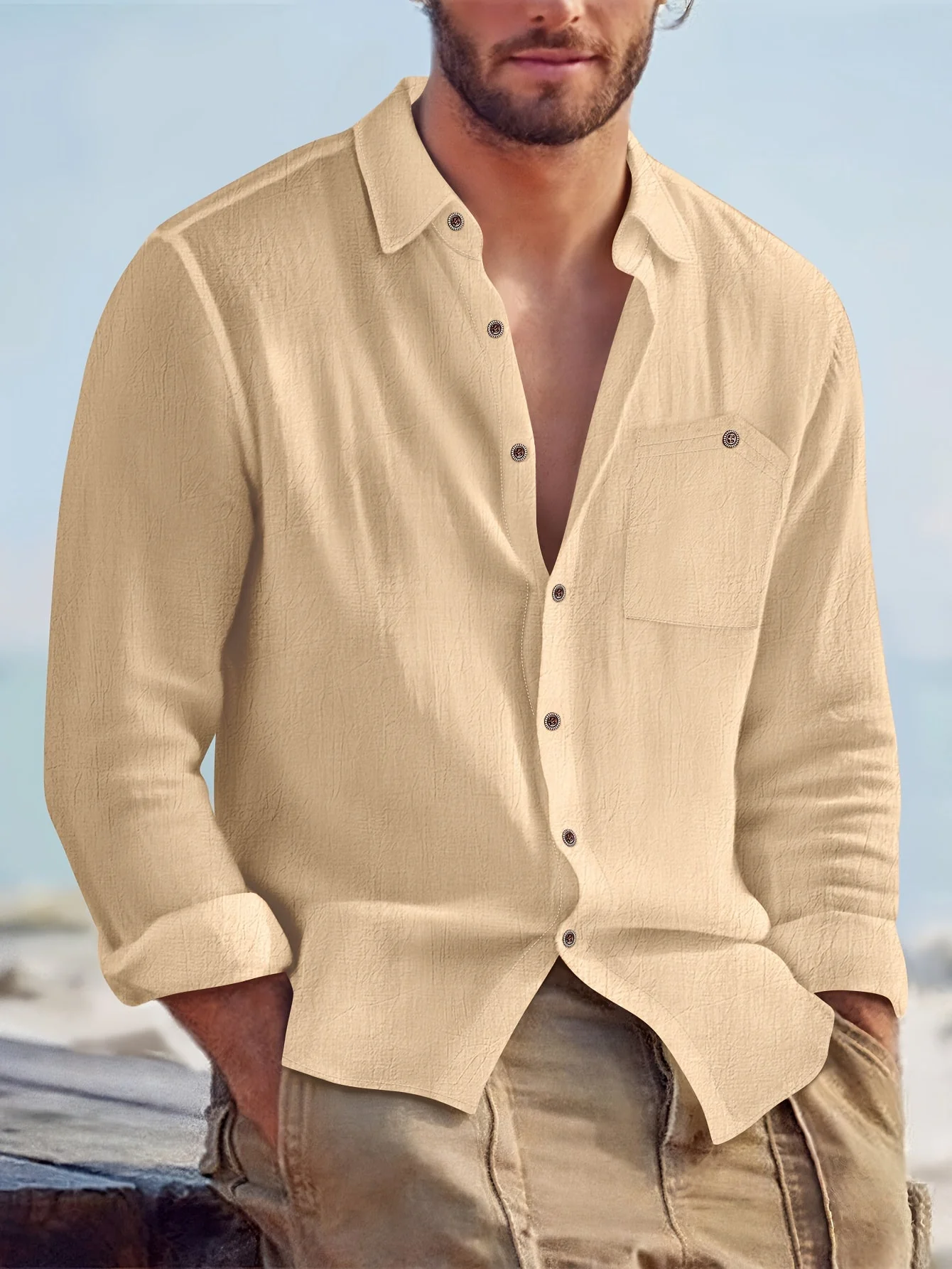 Chemise homme décontractée à manches longues style bord de mer - Image 2