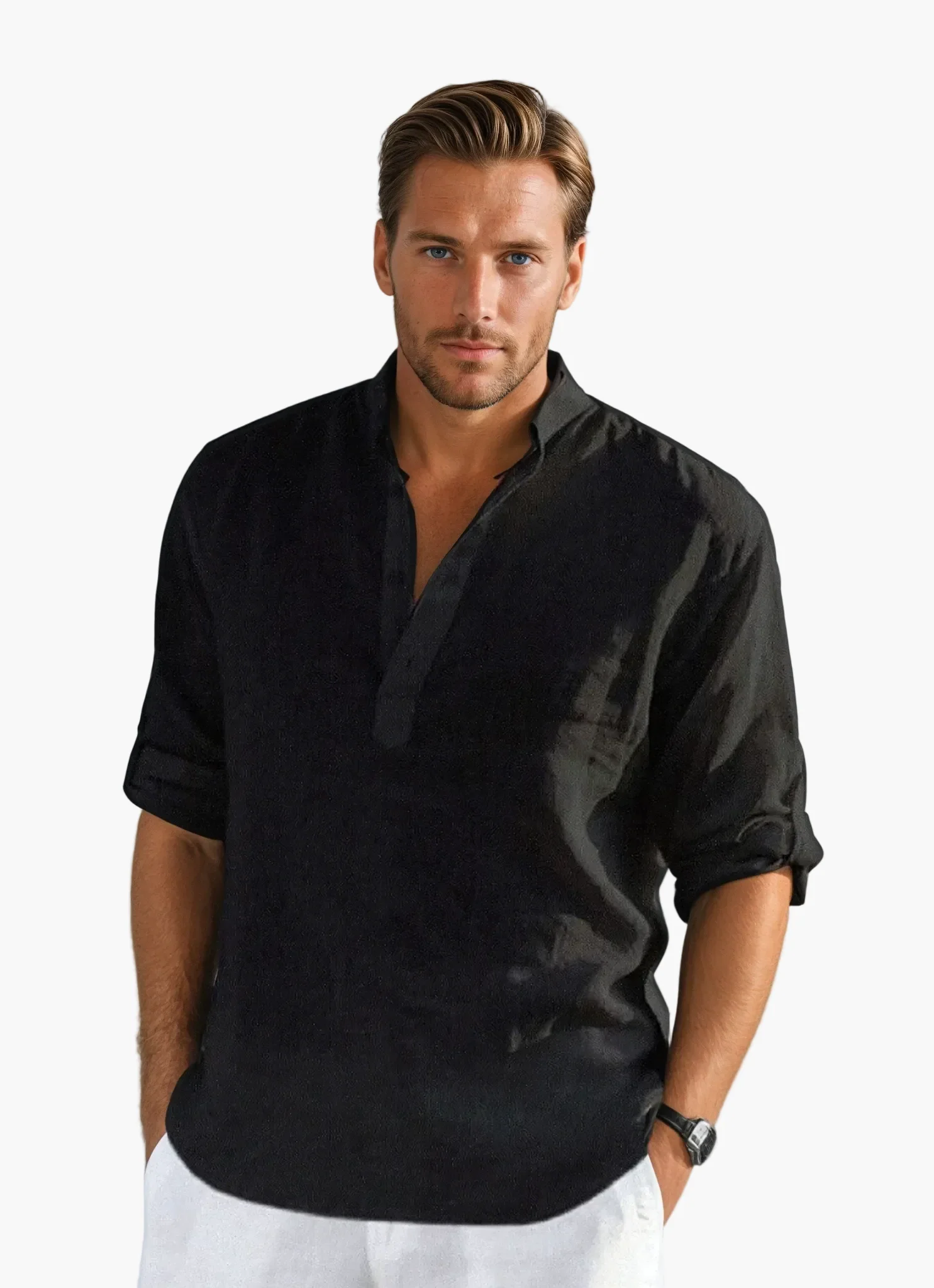 Chemise Homme Style Décontracté Élégant Col Tunisien Été - Image 2