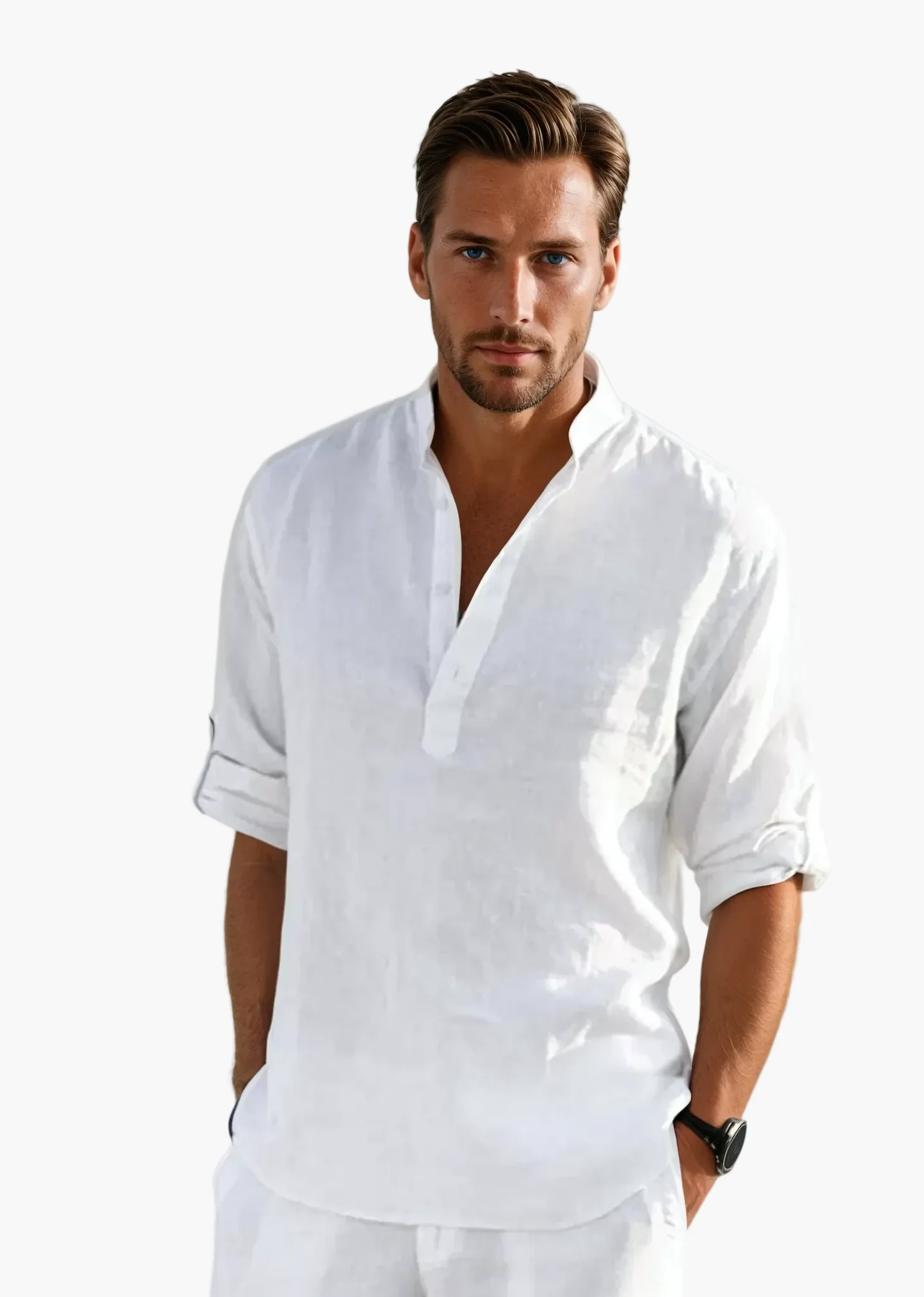 Chemise Homme Style Décontracté Élégant Col Tunisien Été - Image 3