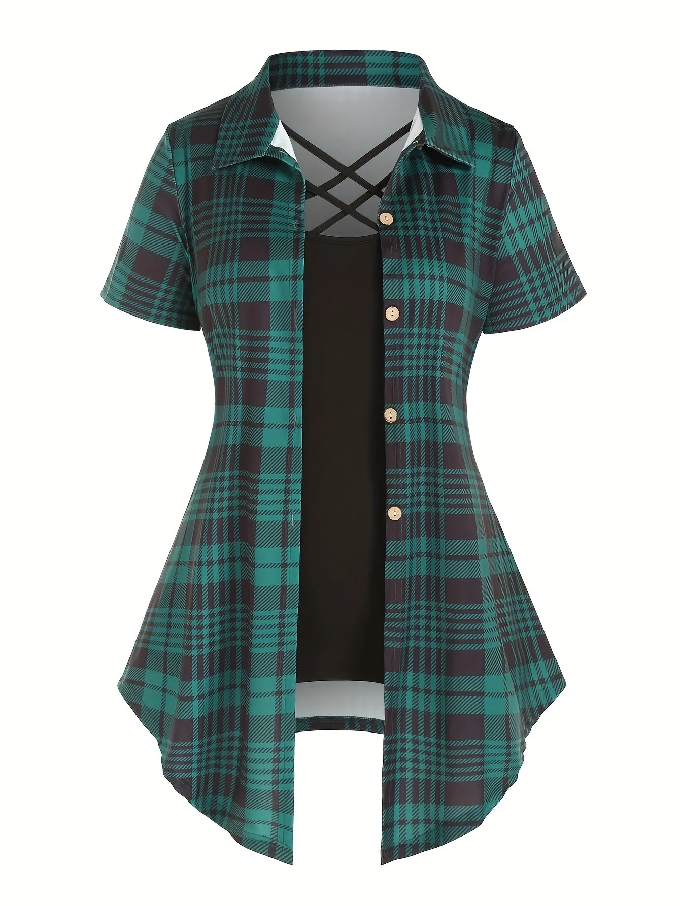 Chemise longue à carreaux style élégant pour femme, manches courtes, col à revers, été - Image 2