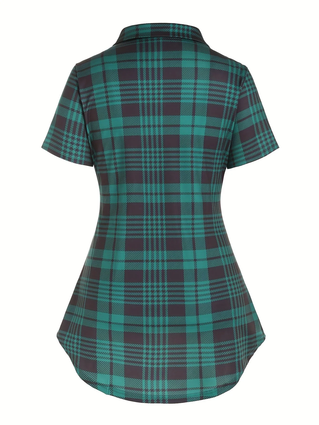 Chemise longue à carreaux style élégant pour femme, manches courtes, col à revers, été - Image 3
