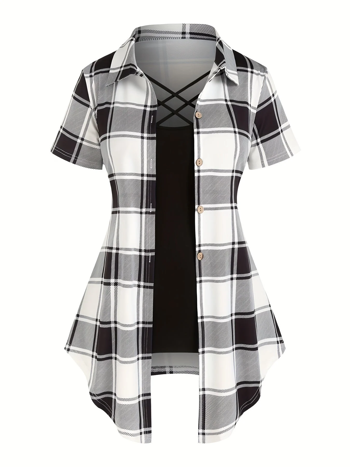 Chemise longue à carreaux style élégant pour femme, manches courtes, col à revers, été - Image 4