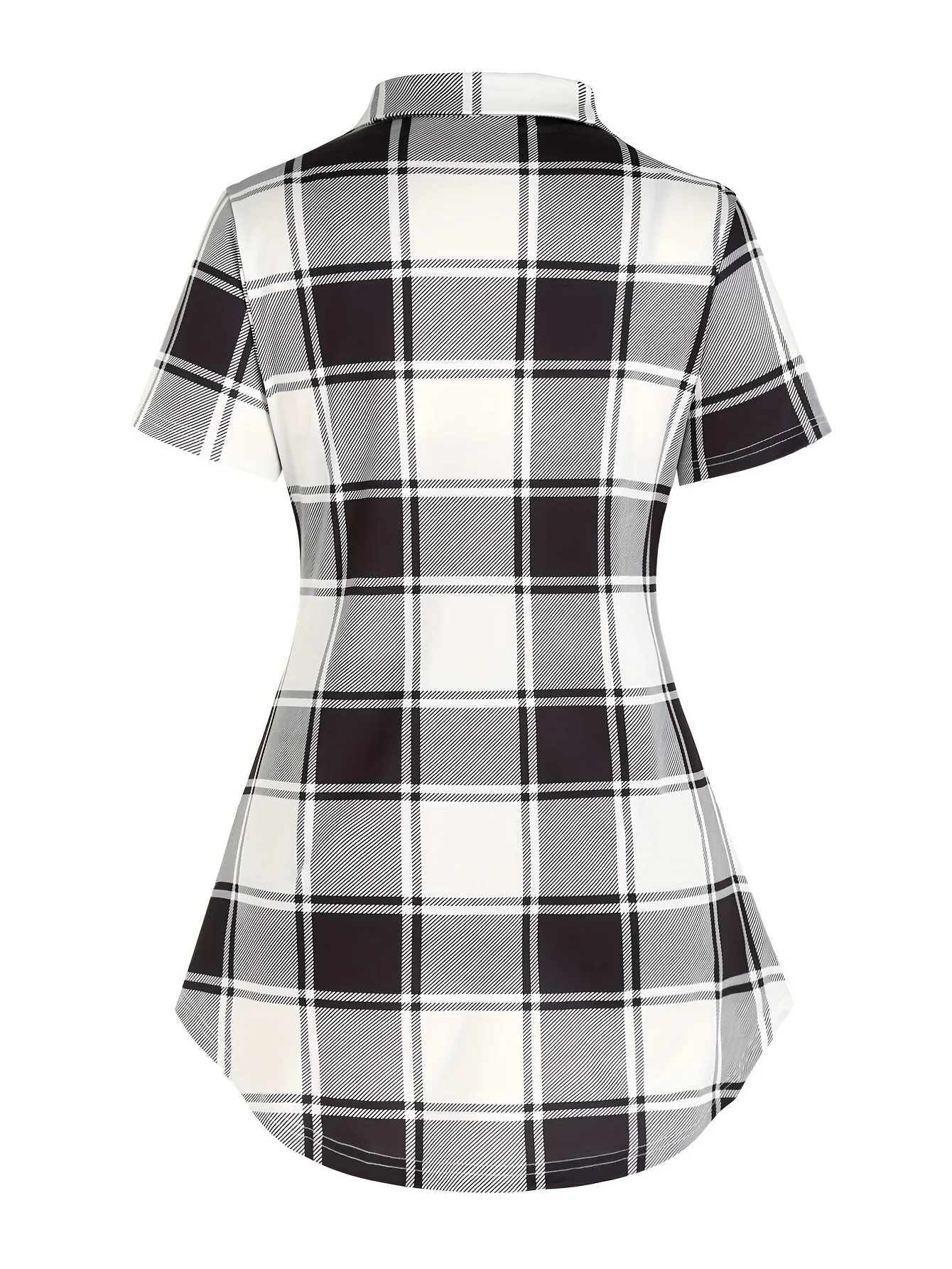 Chemise longue à carreaux style élégant pour femme, manches courtes, col à revers, été - Image 5