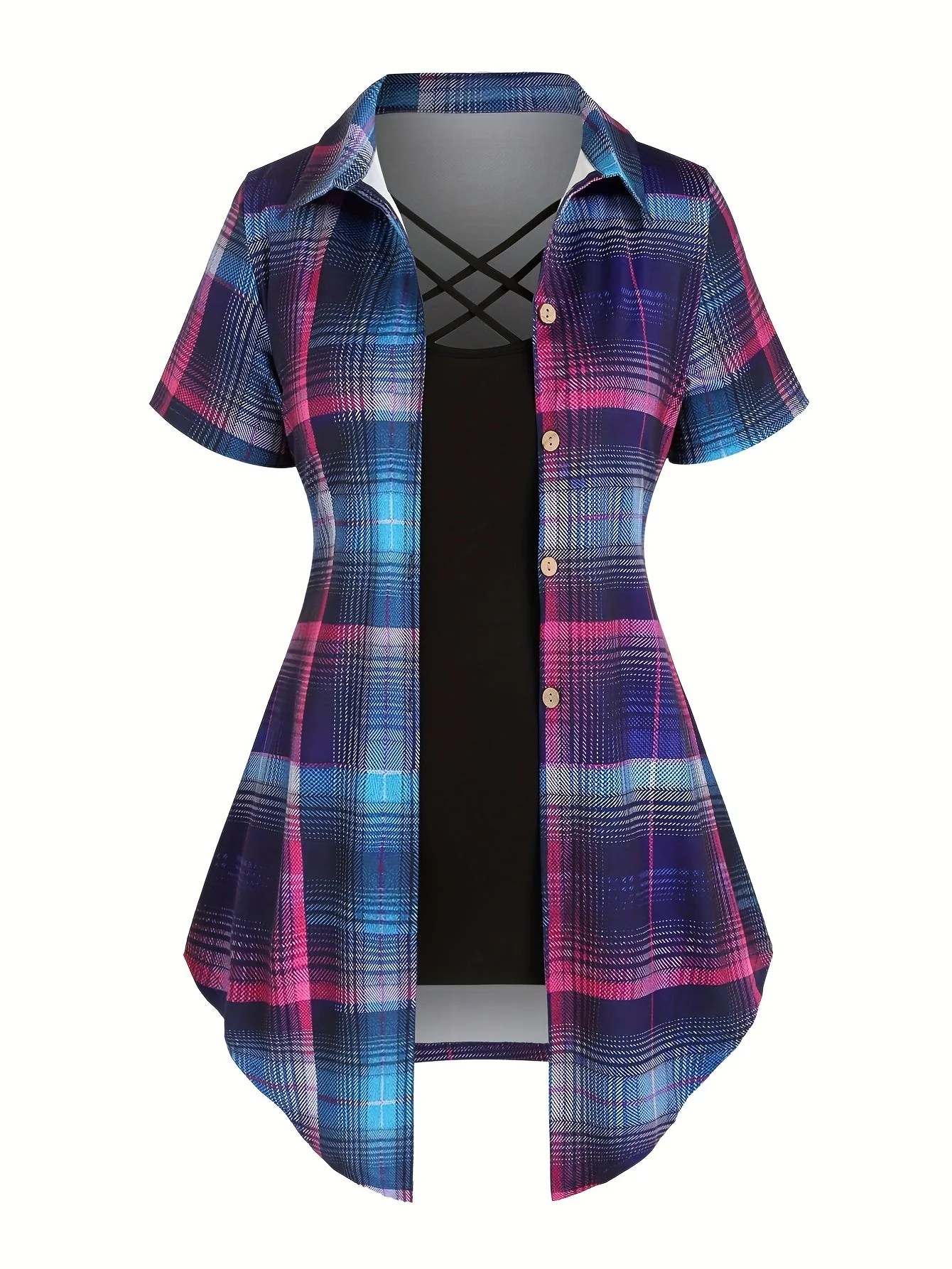 Chemise longue à carreaux style élégant pour femme, manches courtes, col à revers, été - Image 6