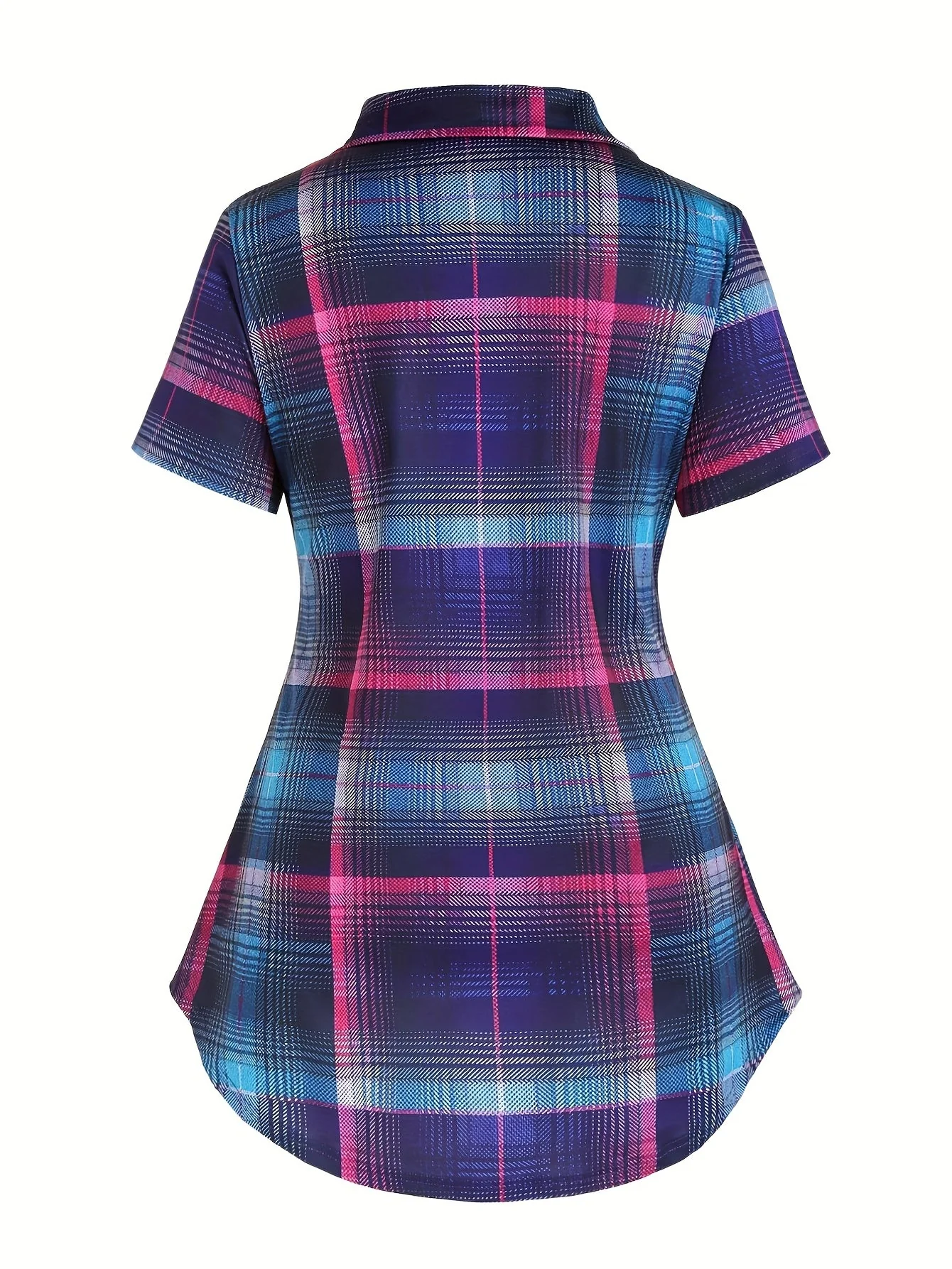 Chemise longue à carreaux style élégant pour femme, manches courtes, col à revers, été - Image 7