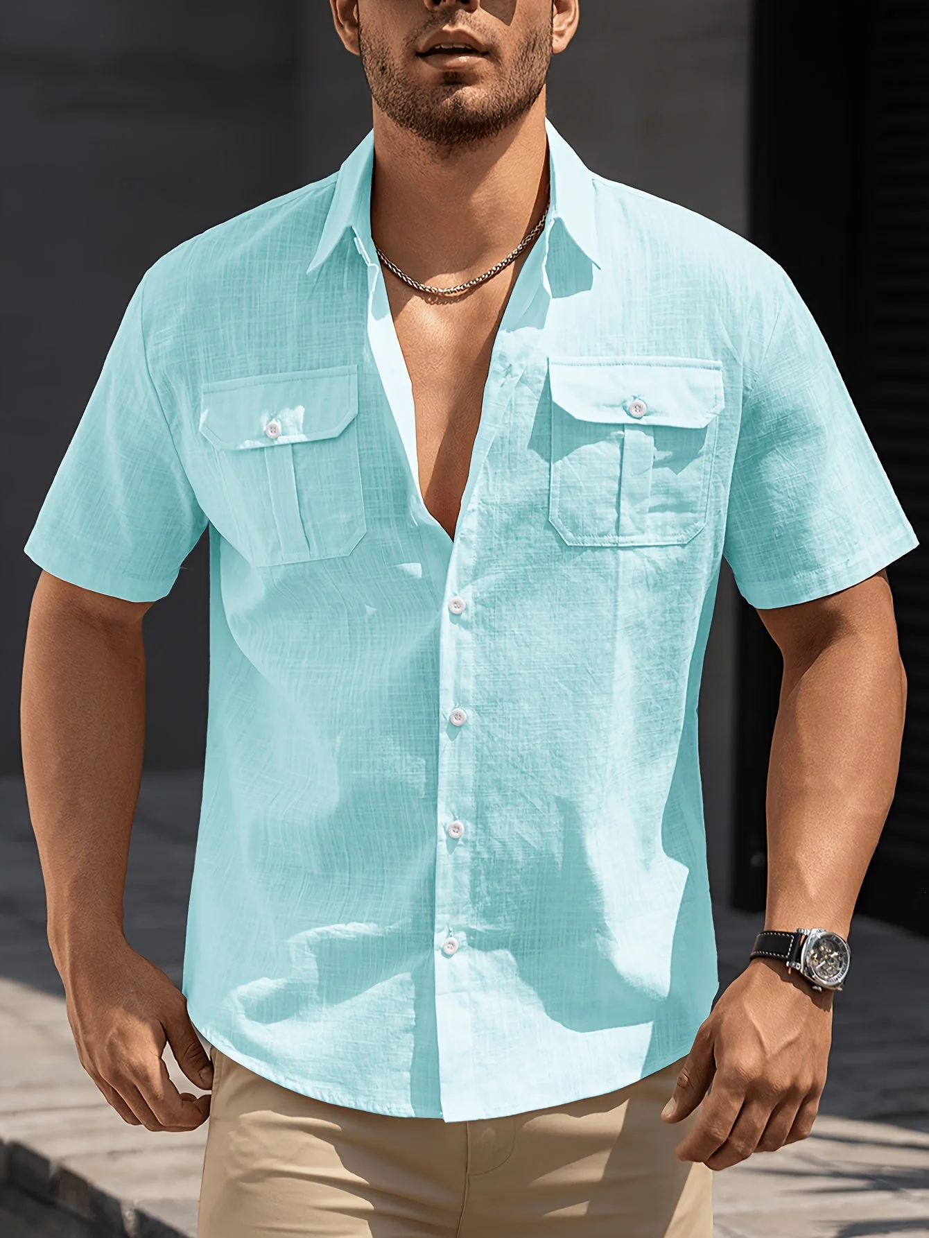 Chemise à manches courtes style casual pour homme avec poches – idéale pour l'été et les loisirs - Image 2