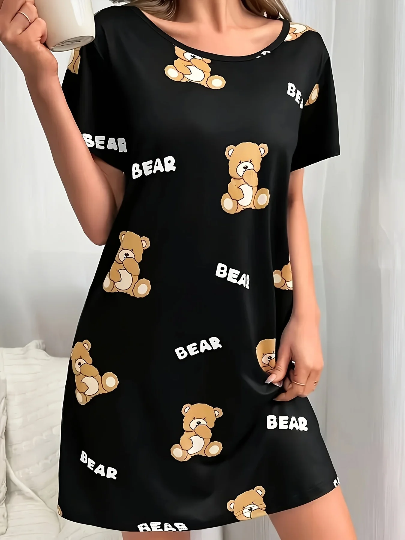 Chemise de nuit femme style tunique imprimé ourson, décontractée et confortable, idéale pour la maison - Image 4