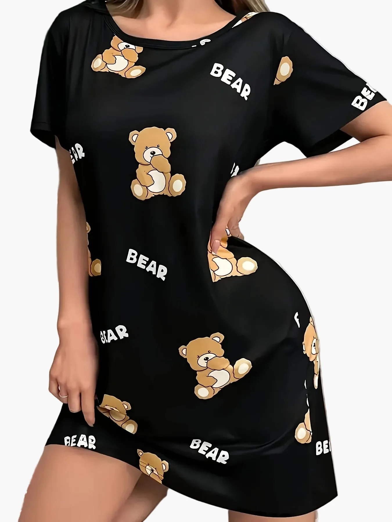 Chemise de nuit femme style tunique imprimé ourson, décontractée et confortable, idéale pour la maison - Image 5