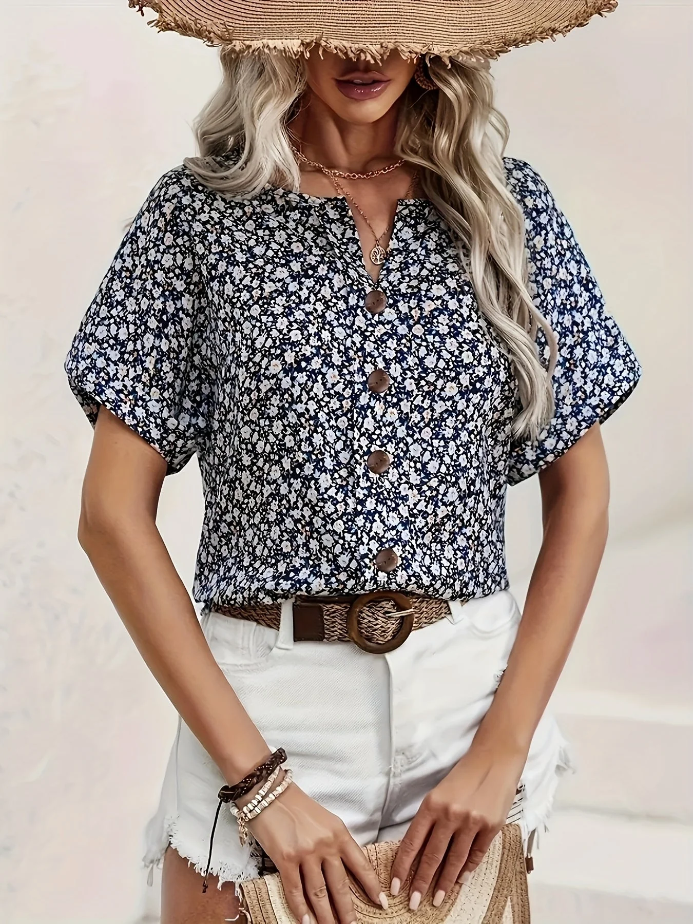 Chemisier Femme Élégant à Fleurs Boutonné Style Printanier Été - Image 2