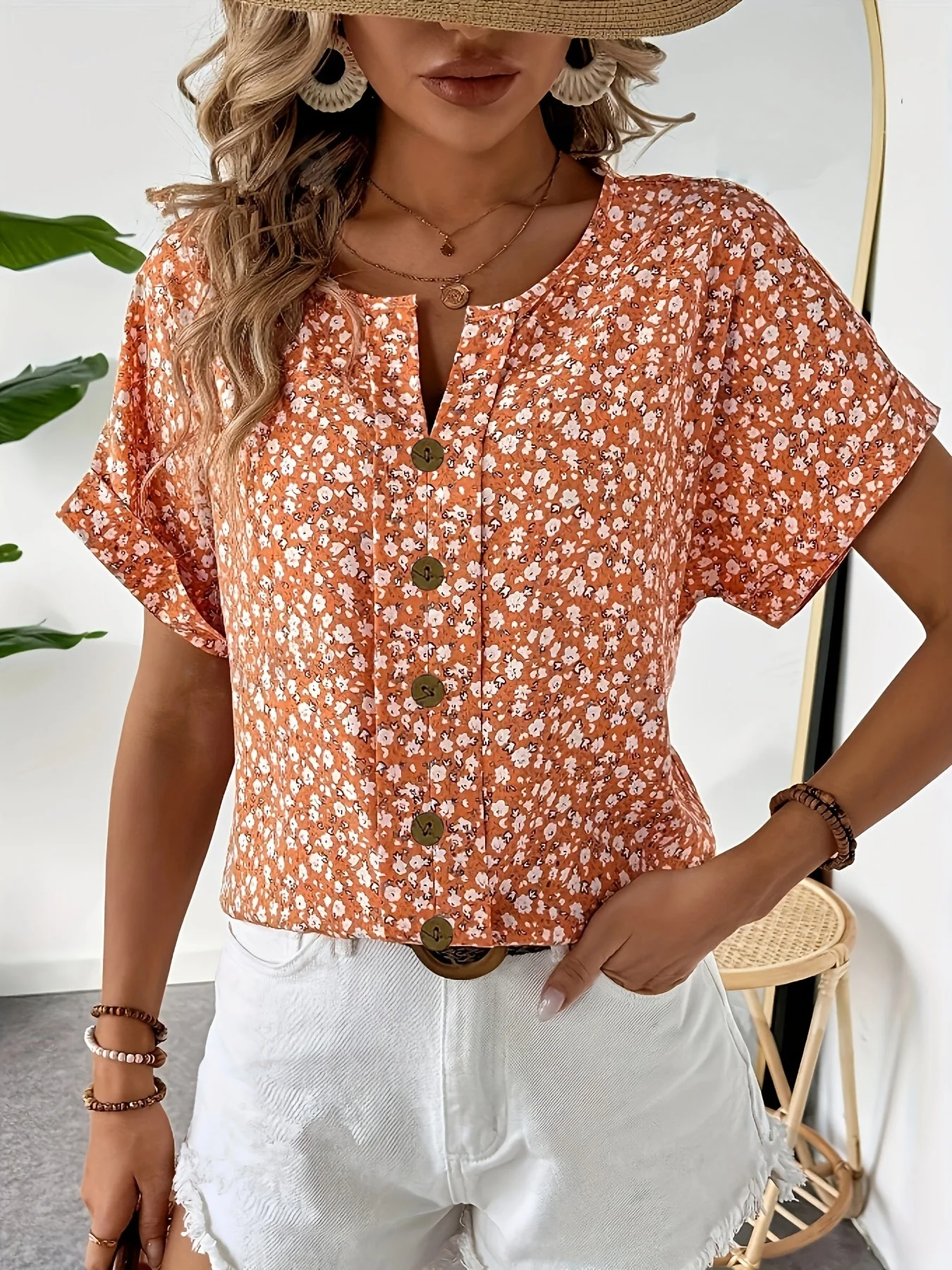 Chemisier Femme Élégant à Fleurs Boutonné Style Printanier Été - Image 3
